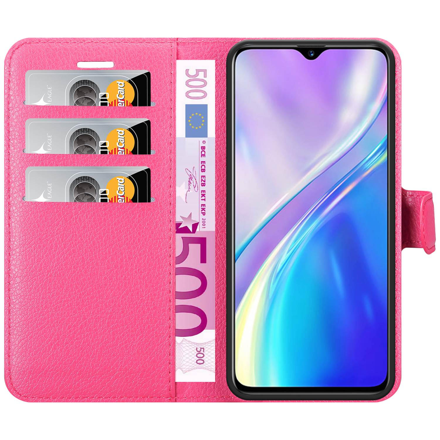 Un portafoglio rosa per telefono con carte di credito e contanti all'interno. Lo schermo del telefono mostra un motivo colorato.