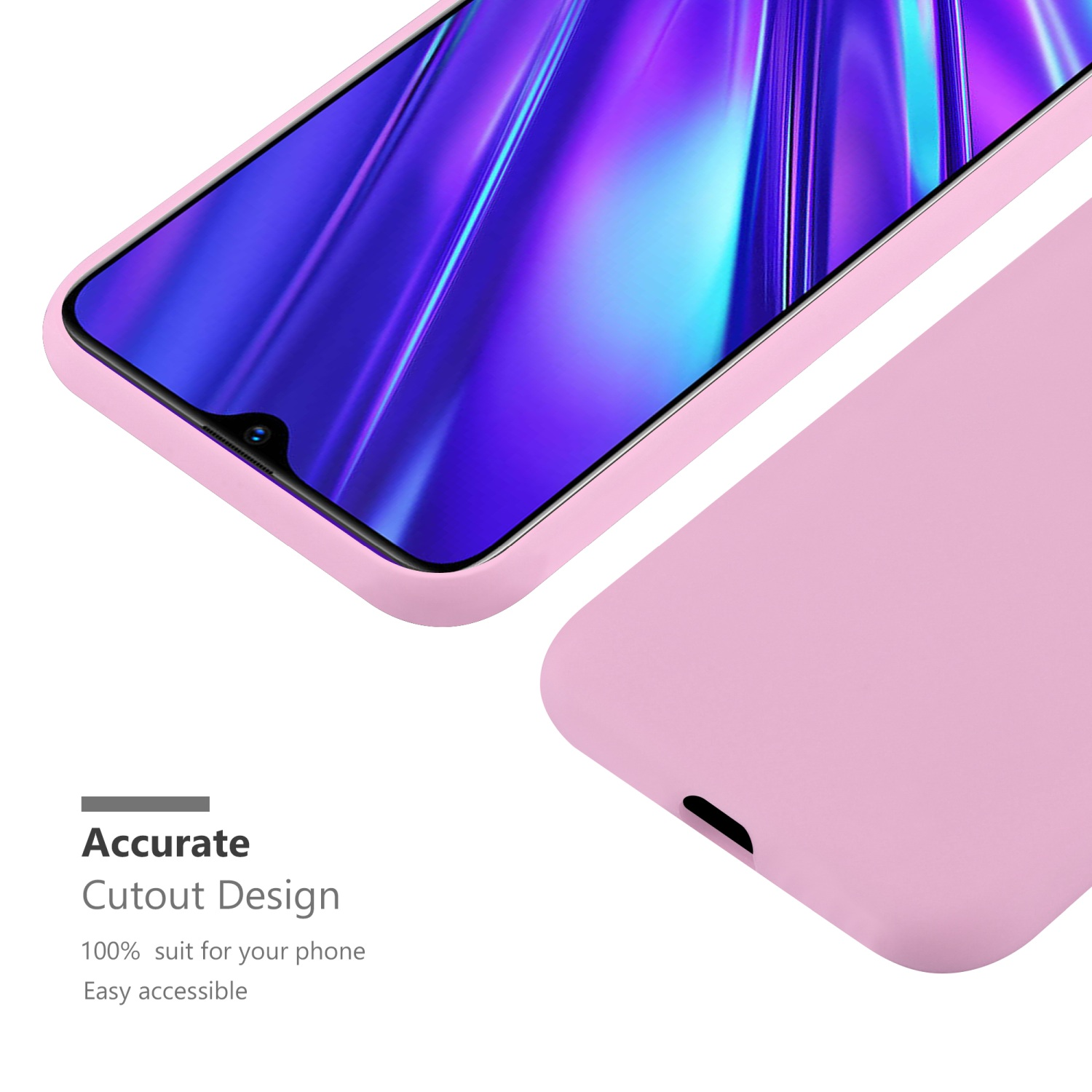Custodia per telefono rosa con telefono all'interno. Lo schermo del telefono mostra un'immagine viola e blu.