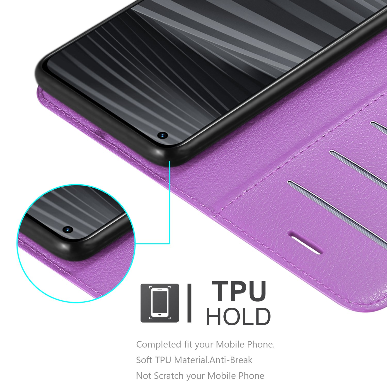 Custodia viola per telefono con un telefono all'interno. Un testo dice TPU HOLD.