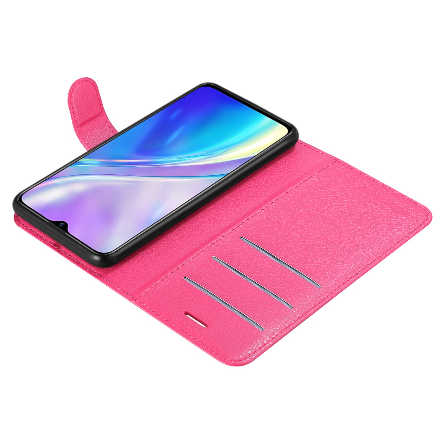 Custodia a portafoglio rosa, aperta, con un telefono all'interno, su sfondo bianco.
