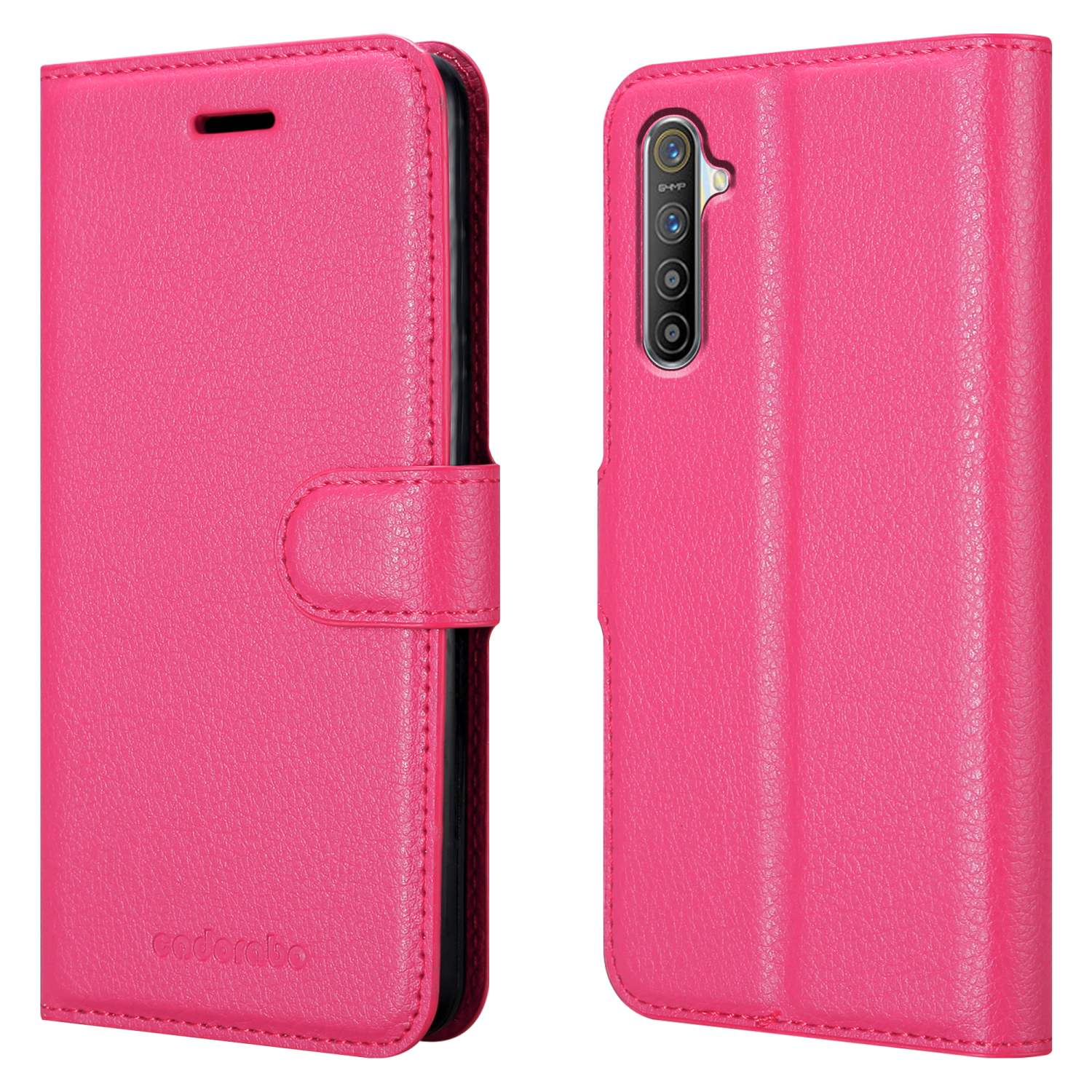 Custodia per telefono rosa, chiusa e aperta. La custodia è stile portafoglio. L'interno è nero.
