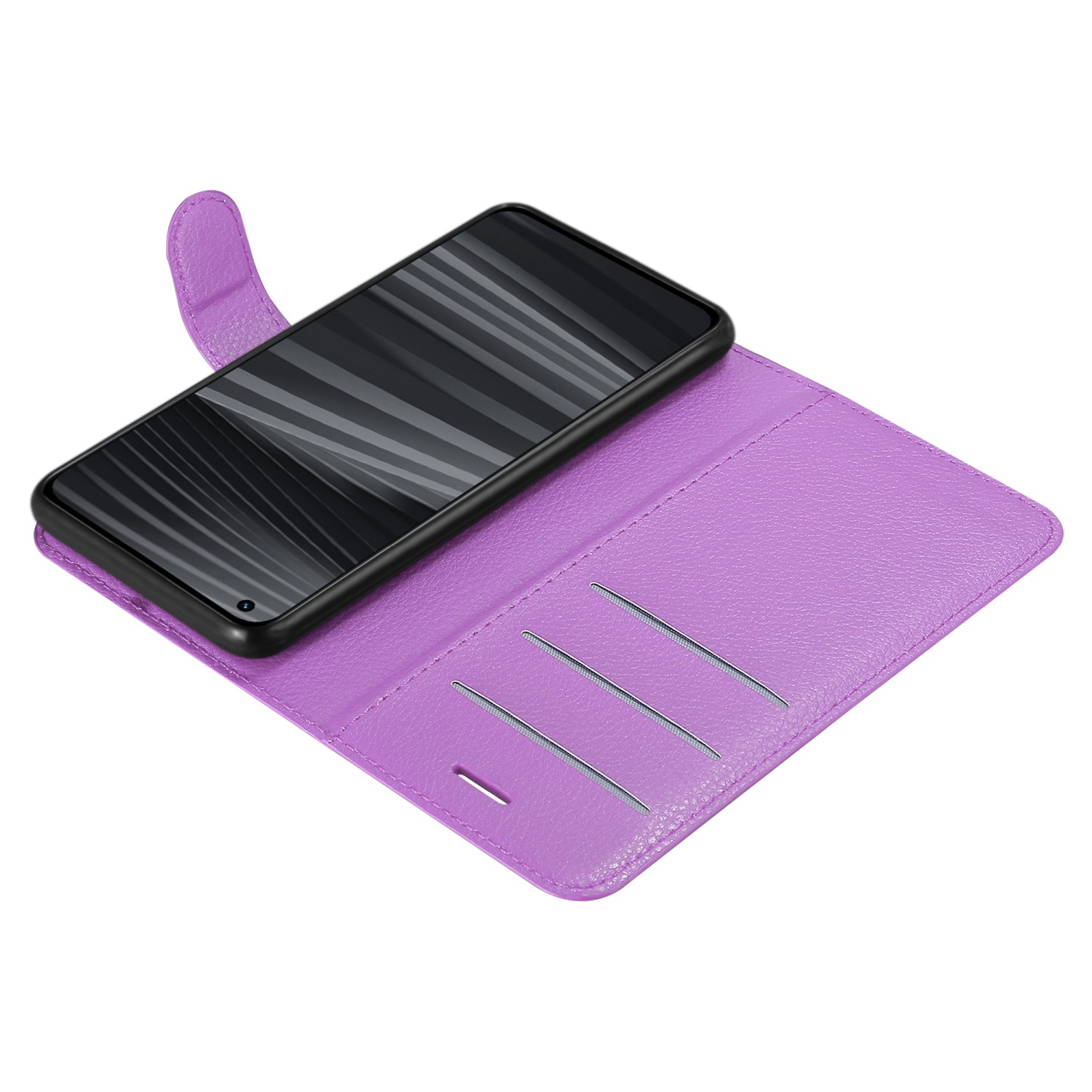 Una custodia per telefono viola aperta con un telefono nero all'interno. La custodia ha fessure per carte.