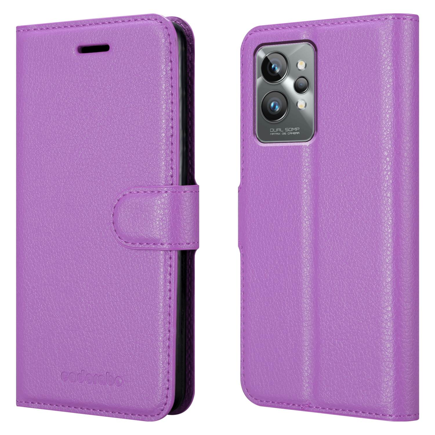 Custodia per telefono viola, aperta e chiusa. La custodia ha un design semplice. Il telefono è viola e ha fotocamere.
