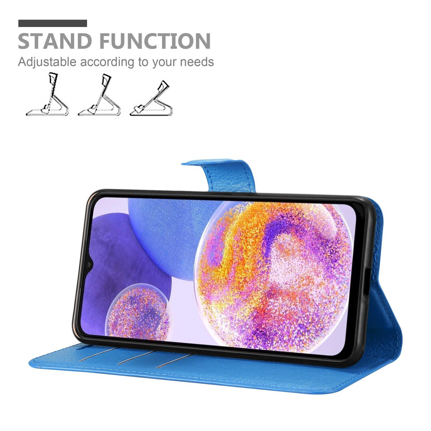 Custodia blu, aperta con telefono dentro. Funzione stand, posizioni regolabili. Diagramma.