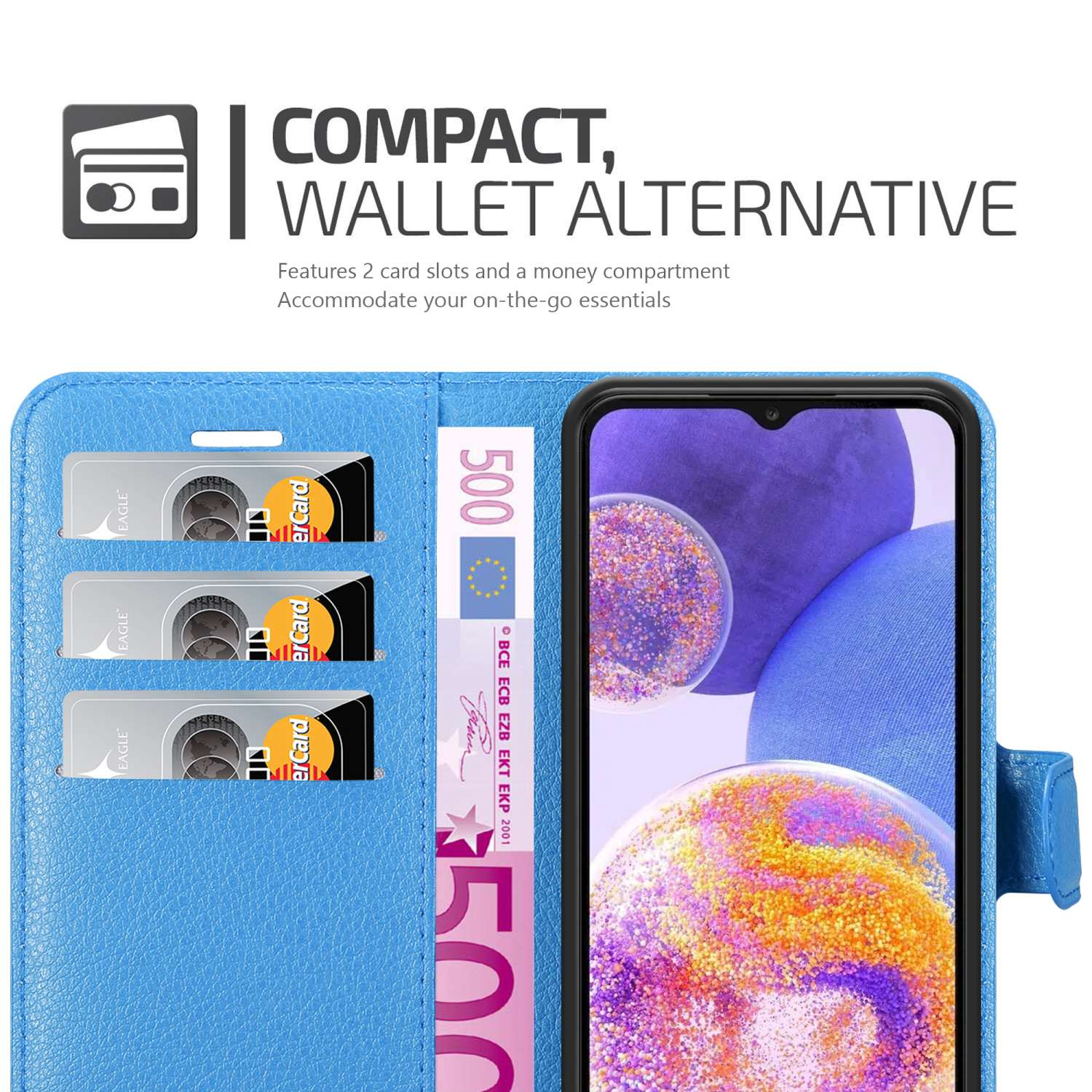 Custodia blu per telefono, aperta, con carte e denaro all'interno. Il telefono ha uno schermo con un'immagine.