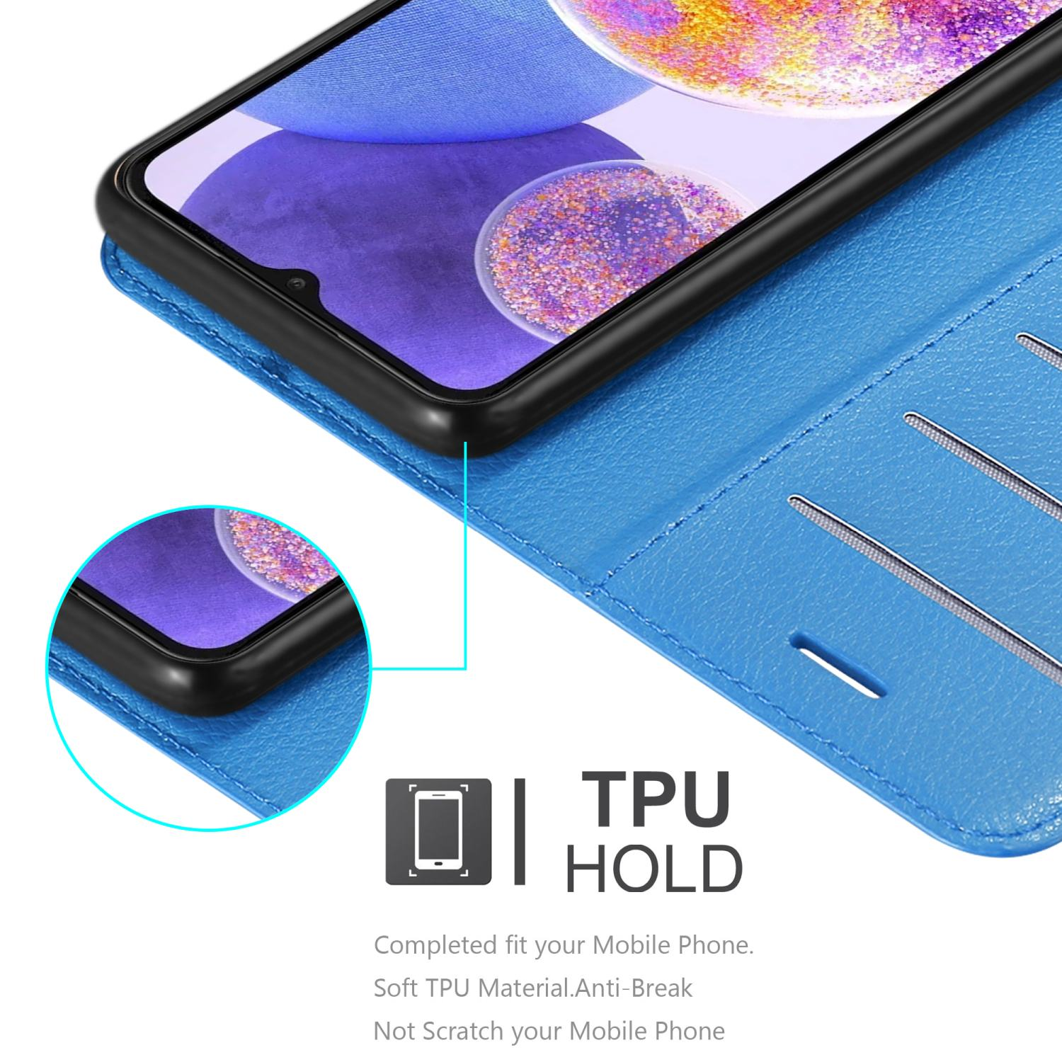 Un telefono è all'interno di una custodia blu. La custodia è in TPU e protegge il telefono.