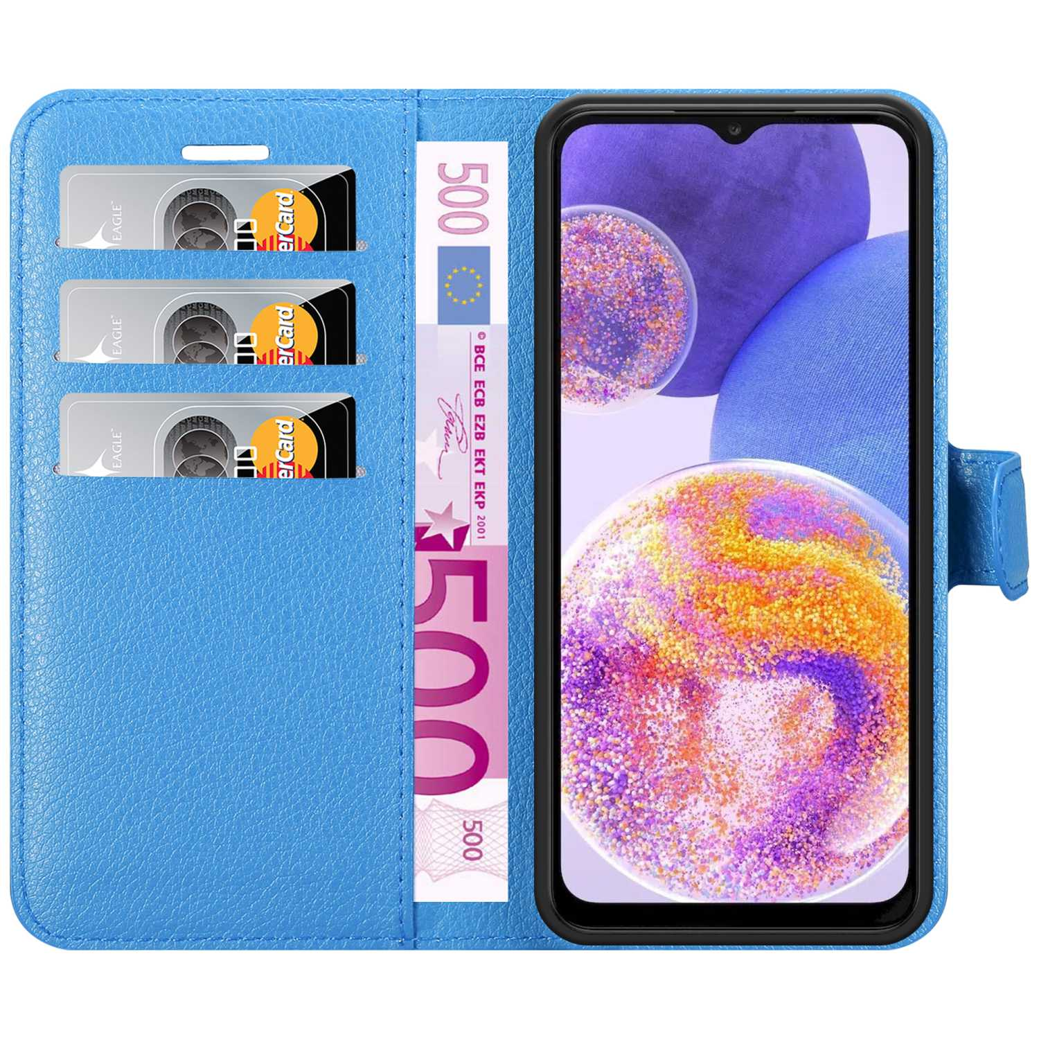 Un portafoglio blu per telefono con un telefono e denaro all'interno. Tre carte di credito sono nelle fessure.