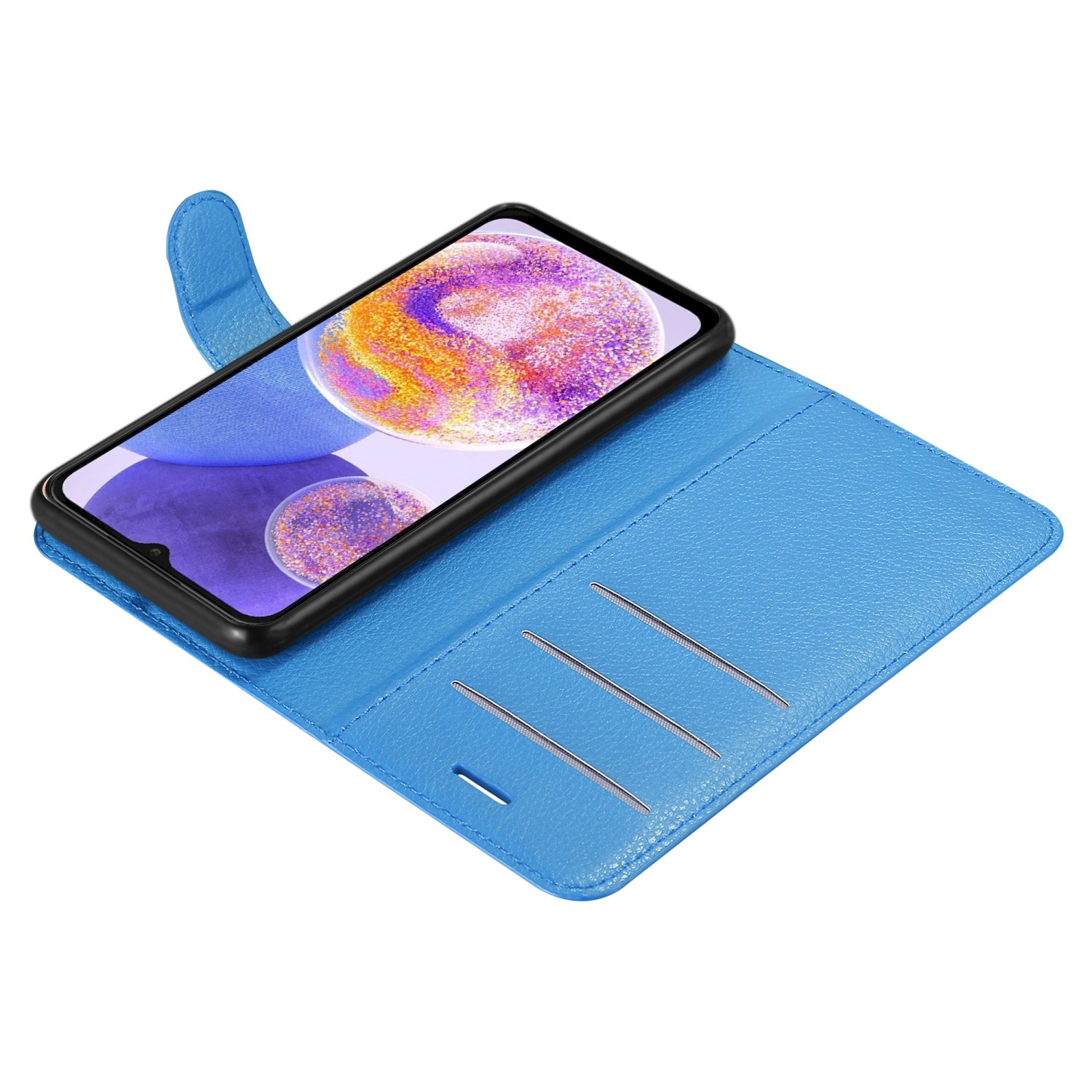 Una custodia blu con un telefono all'interno.