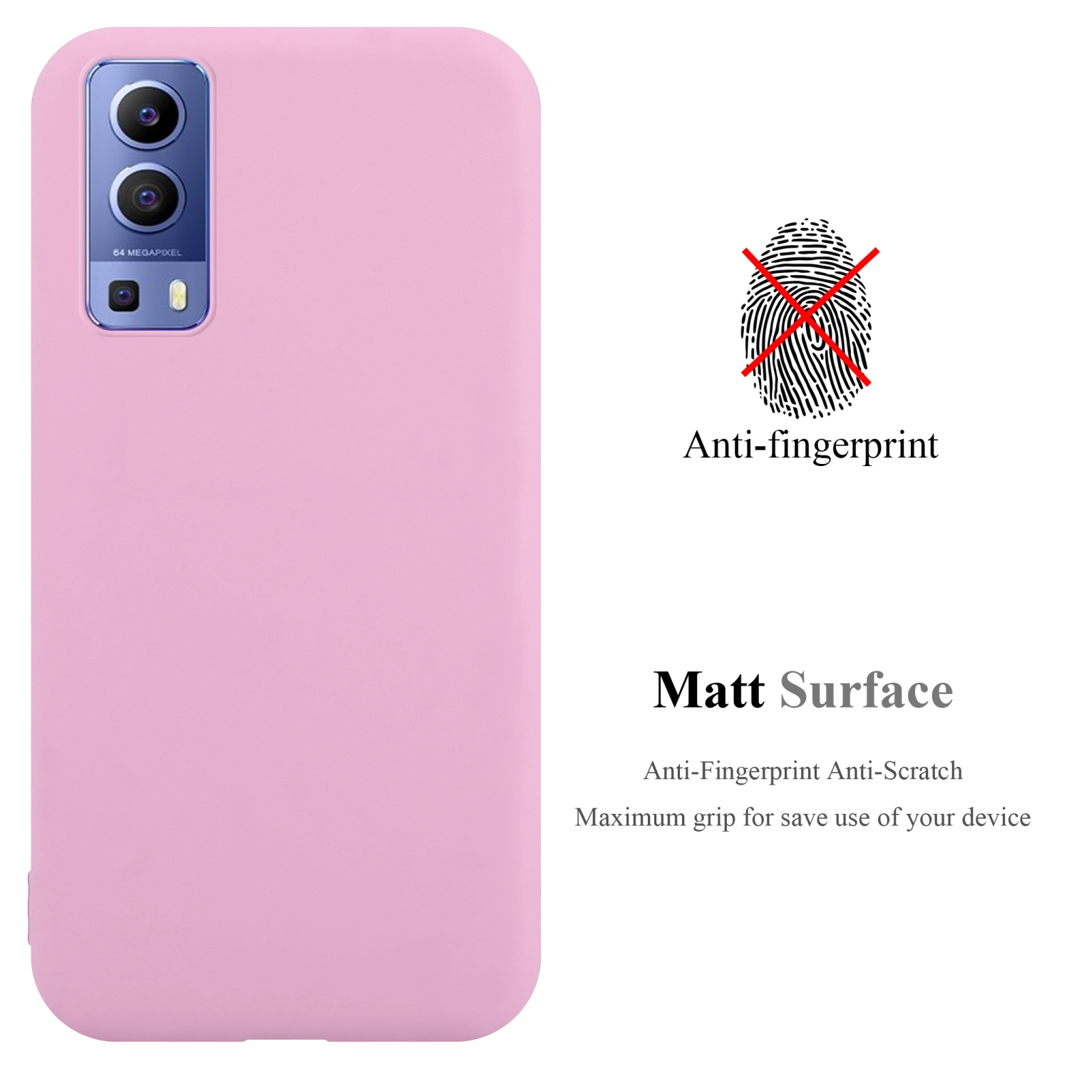 Custodia rosa, anti-impronte. Superficie opaca. Testo: Anti-impronte, anti-graffio, presa max.