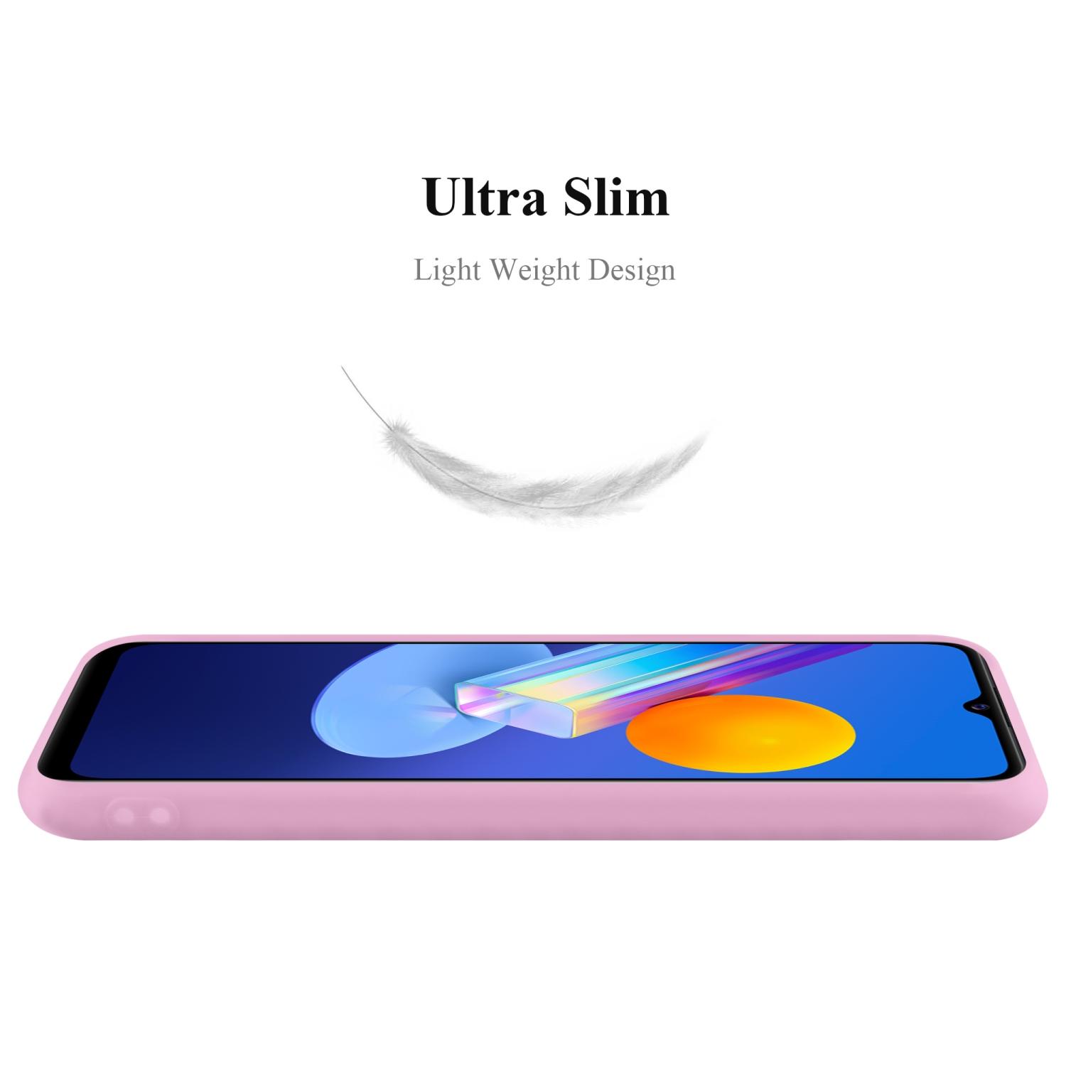 Custodia rosa su bianco. Design ultra sottile, grafica piuma.