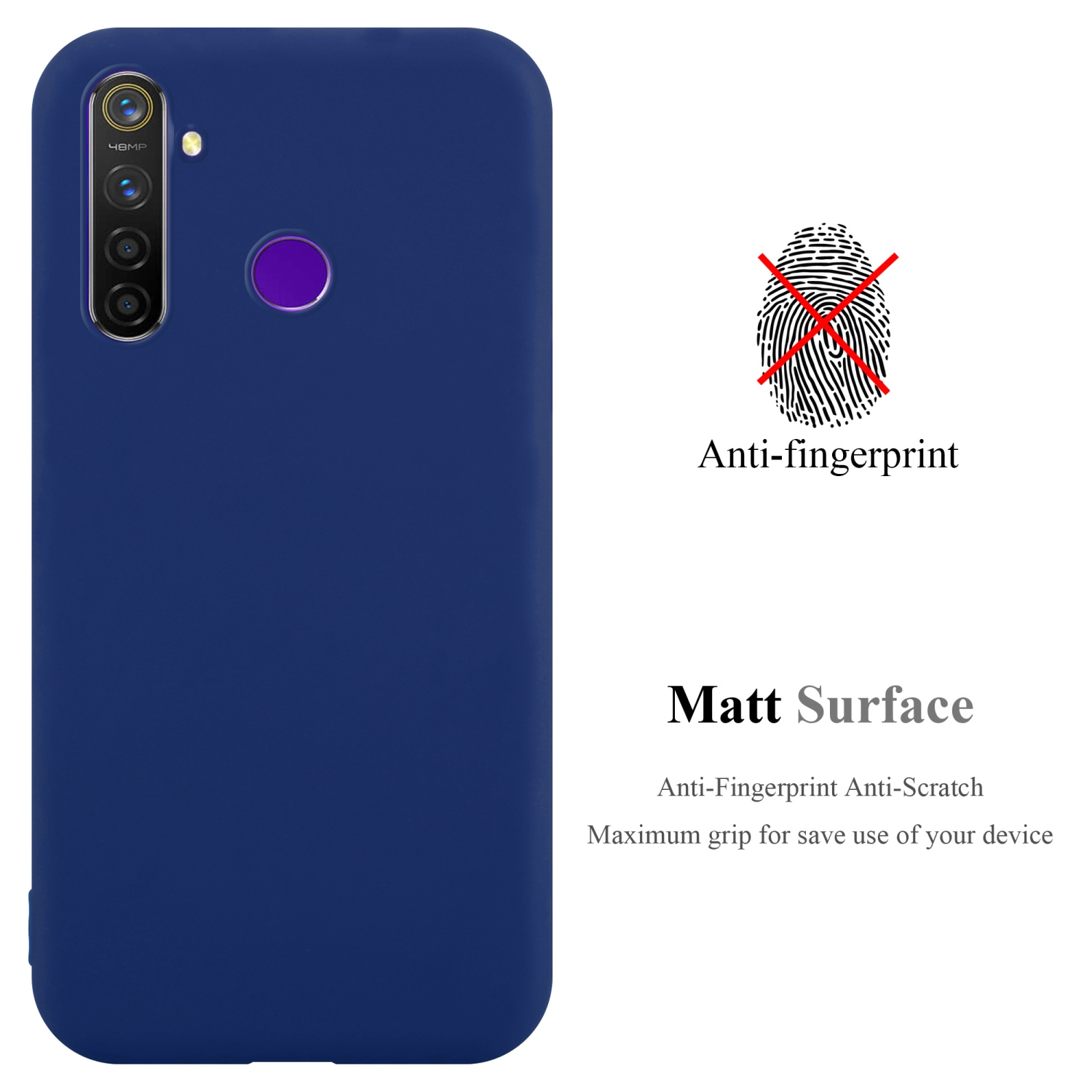 Custodia per telefono blu con un telefono all'interno. Il testo dice anti-impronte e superficie opaca. È un primo piano.