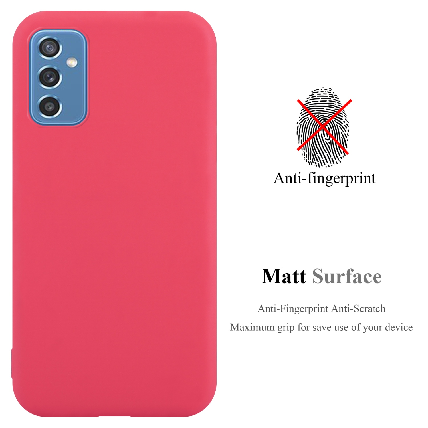 Una custodia per telefono rossa con un'area fotocamera blu. Un simbolo di impronta digitale è sbarrato, indicando anti-impronta.
