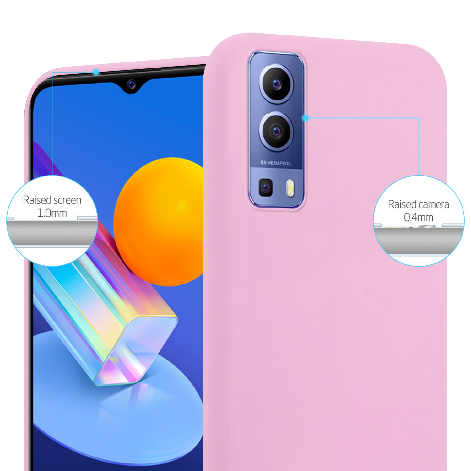Custodia rosa per telefono con telefono. Il telefono ha uno schermo e due fotocamere. Dettagli schermo e fotocamera rialzati.