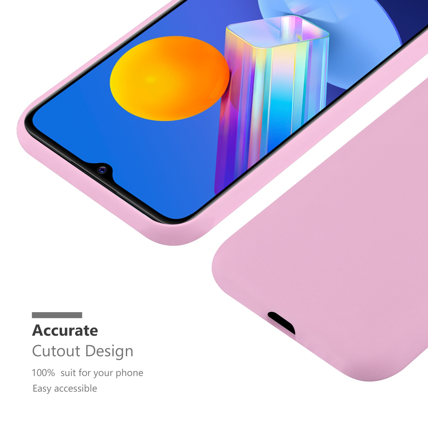Custodia rosa e telefono con schermo blu. Testo: Accurate Cutout Design.