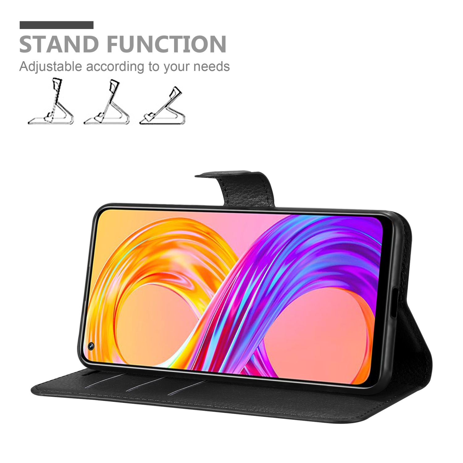 Un telefono in una custodia nera è mostrato in un supporto, con un testo sulla funzione del supporto e i design dei supporti.