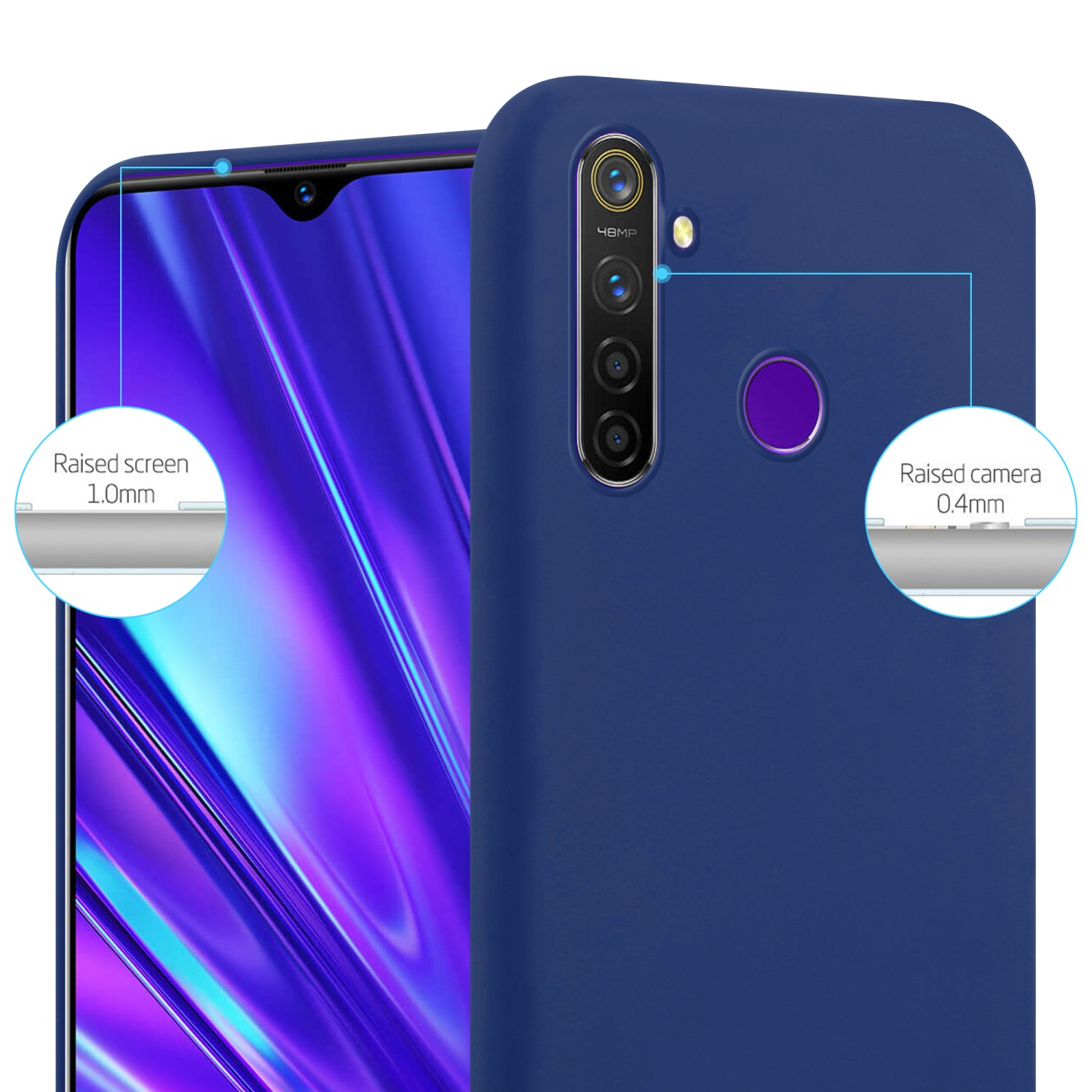 Telefono blu con custodia, schermo e fotocamera rialzati evidenziati.