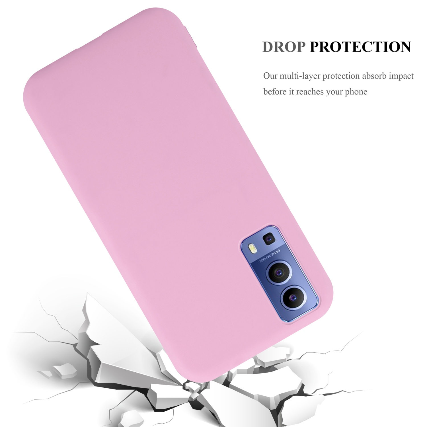 Custodia per telefono rosa con telefono all'interno. Le crepe sono mostrate sotto il telefono. Protezione contro le cadute.