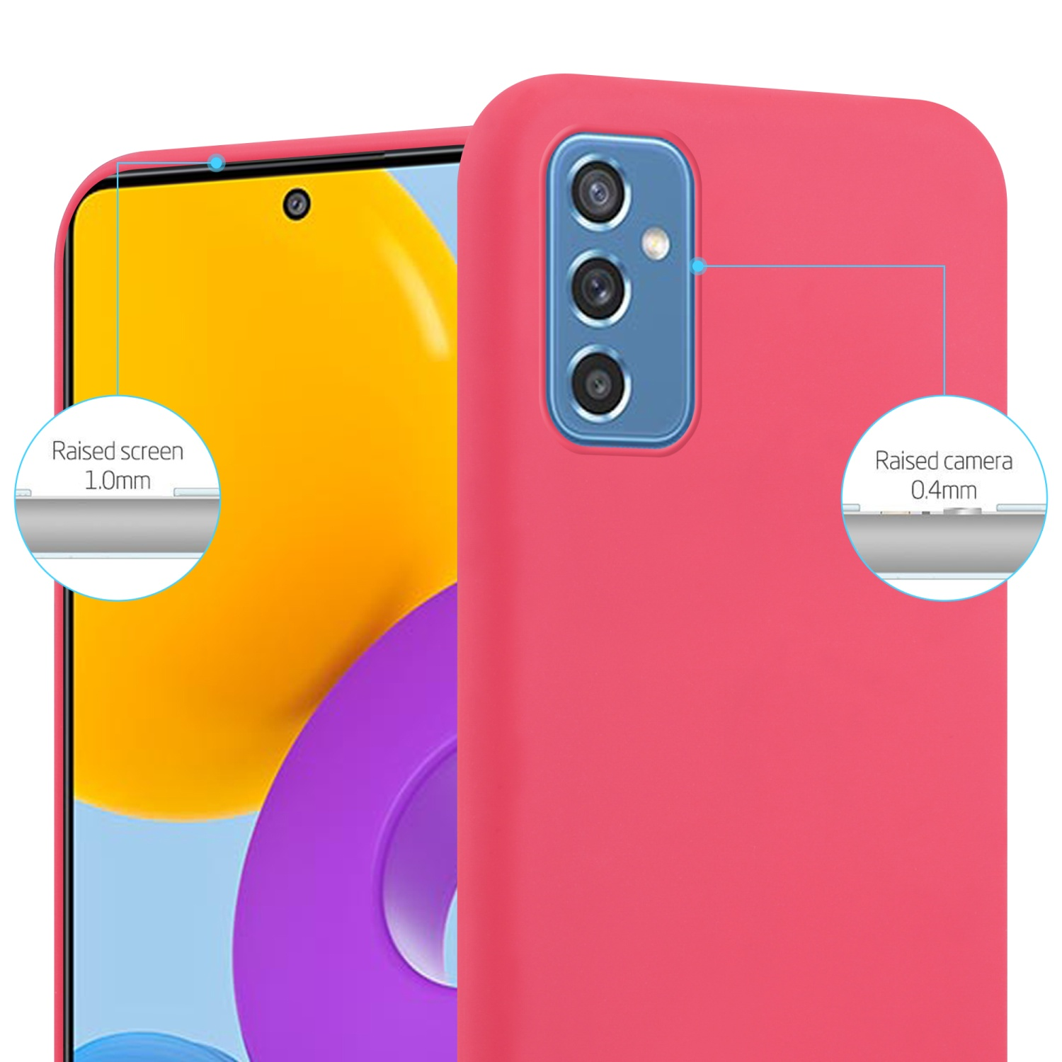 Custodia rosa per telefono con schermo e fotocamera rialzati. Primo piano di una custodia rosa.