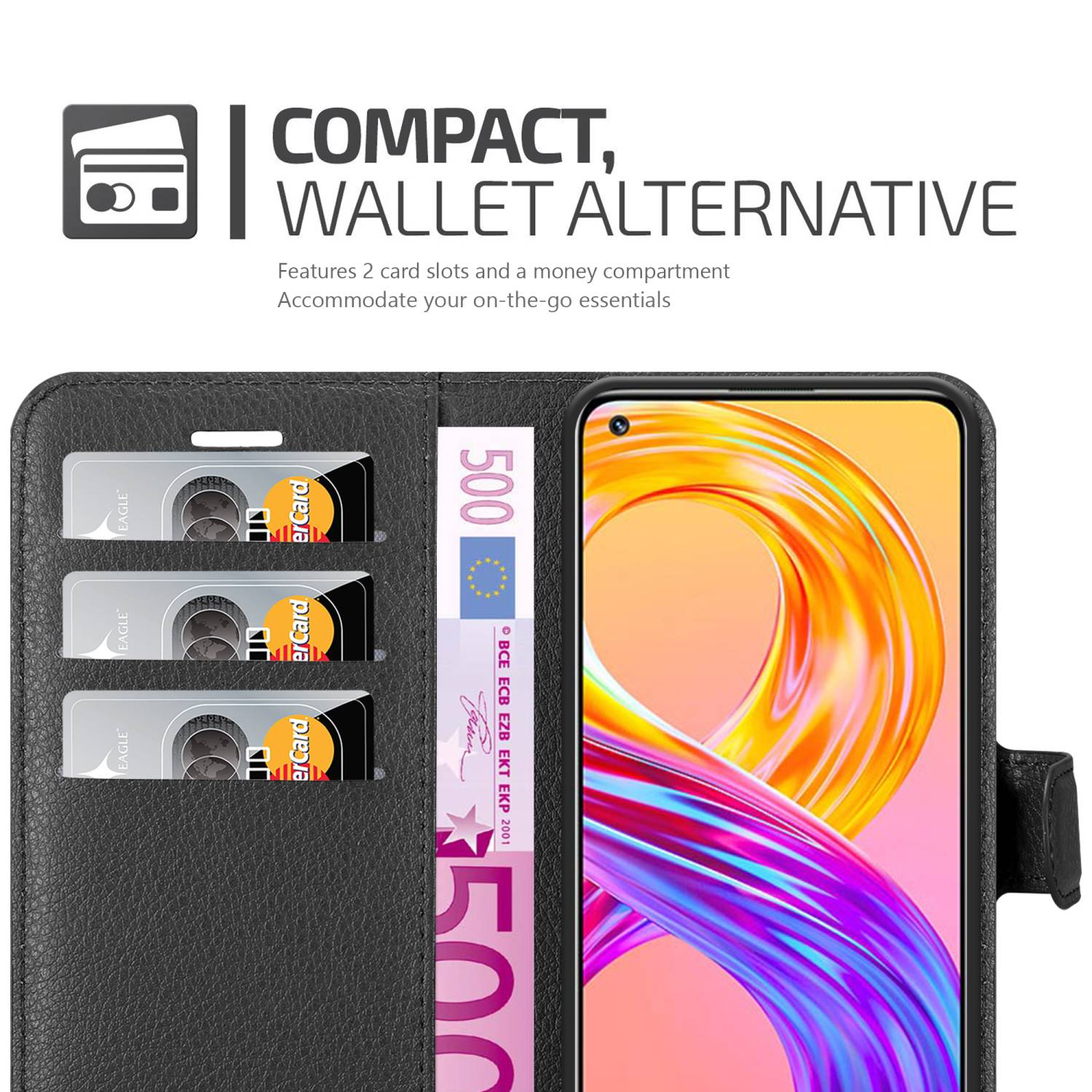 Custodia nera per telefono con fessure per carte e denaro. Schermo con immagine astratta.