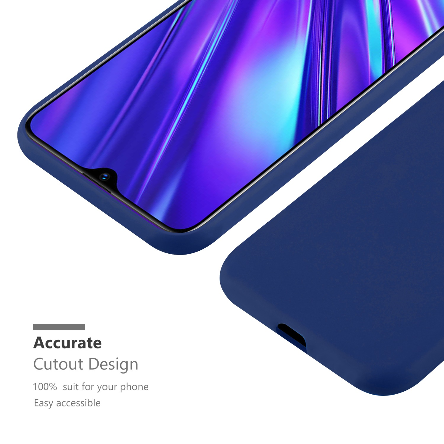Primo piano di un telefono in una custodia blu scuro. Lo schermo del telefono mostra colori viola e blu.