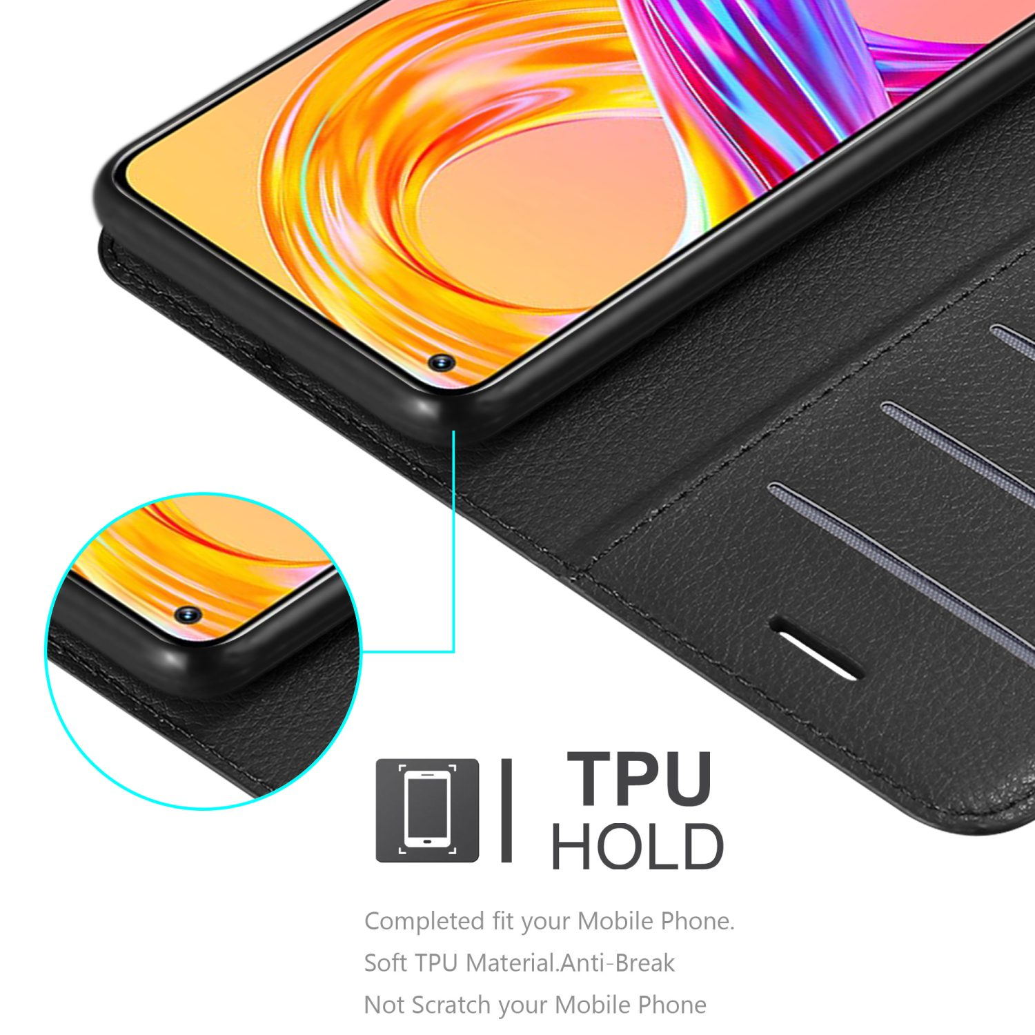 Custodia per telefono nera con supporto in TPU. Un telefono è all'interno. Primo piano con testo.