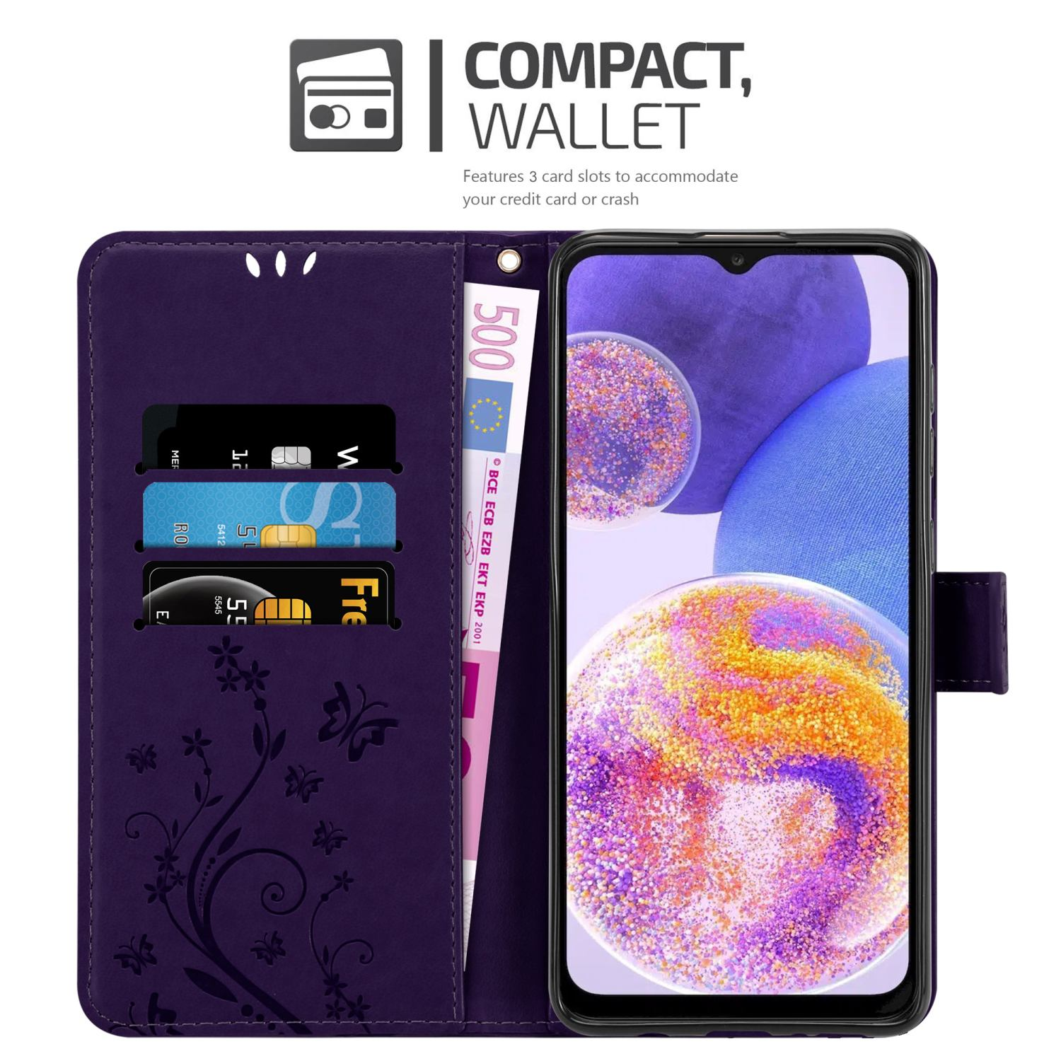 Custodia viola per telefono, aperta con telefono e carte, decorata con fiori.