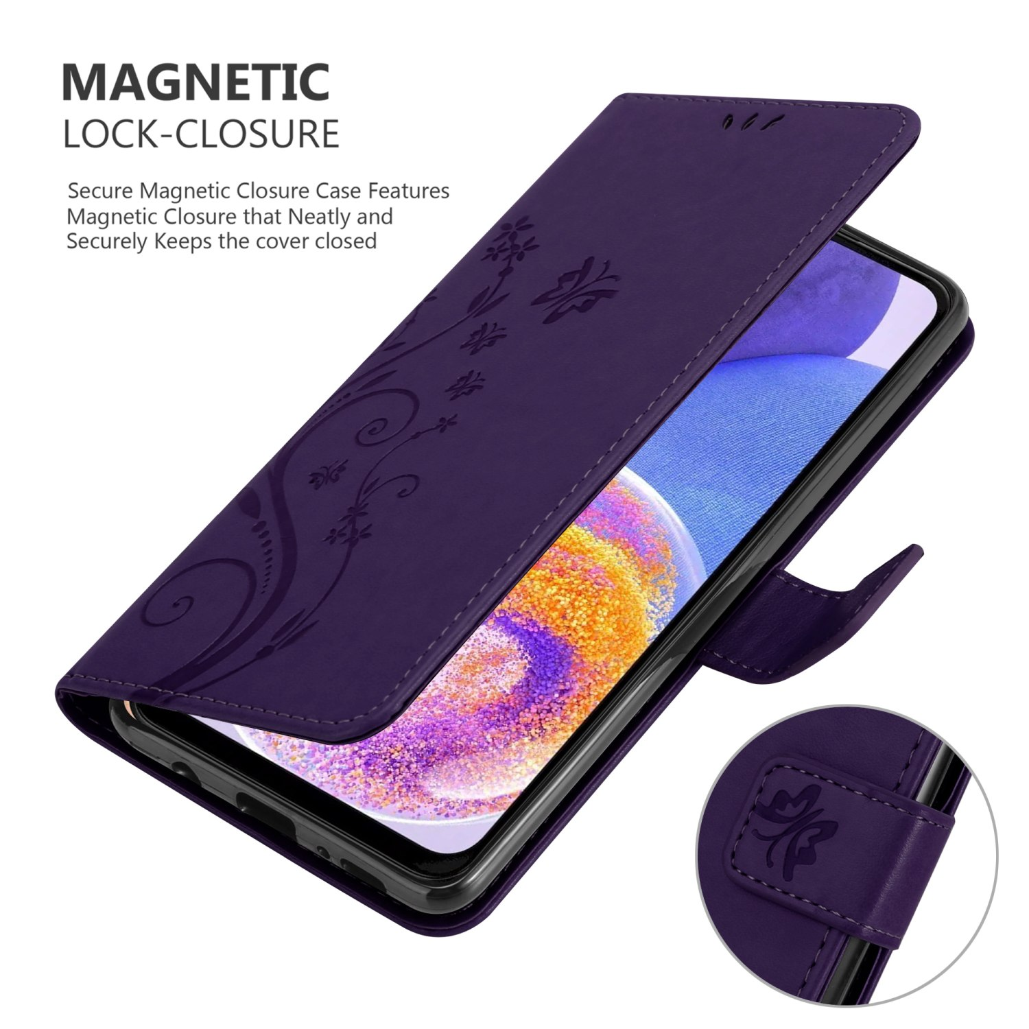 Custodia viola con chiusura magnetica, aperta. Telefono dentro, con motivo floreale.