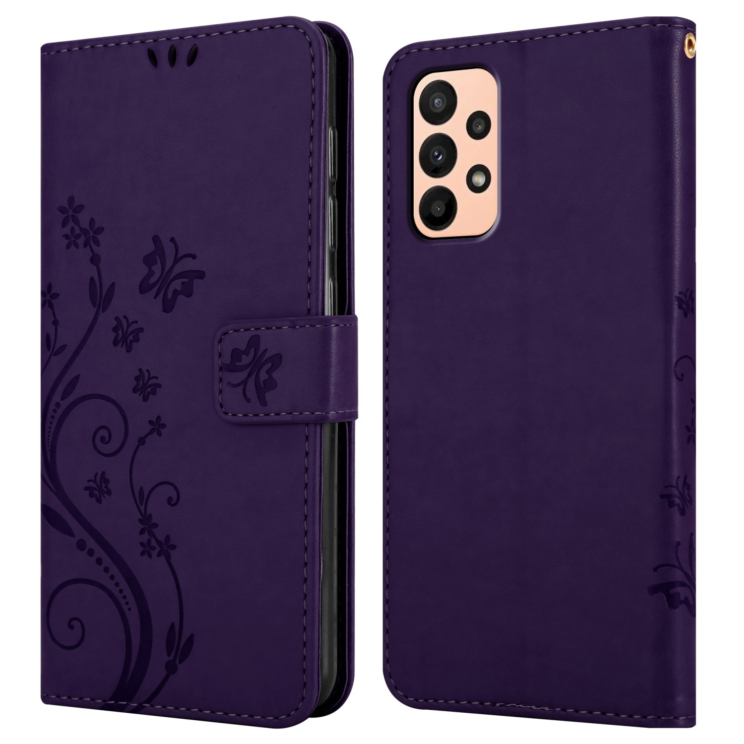 Viene mostrata una custodia per telefono viola. È chiusa e aperta. C'è un design floreale sulla custodia.