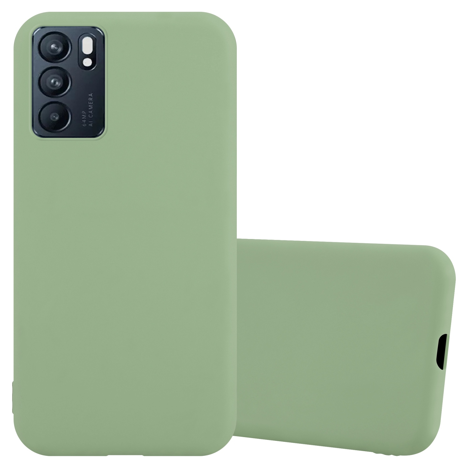 Grüne Handyhülle, abgewinkelt, mit einem telefonförmigen Ausschnitt für die Kamera. Weißer Hintergrund.