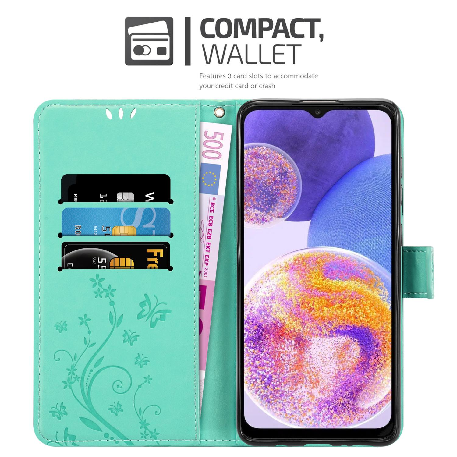 Portafoglio per telefono aperto, che mostra fessure per carte e un telefono. Testo: COMPACT, WALLET. Denaro all'interno.