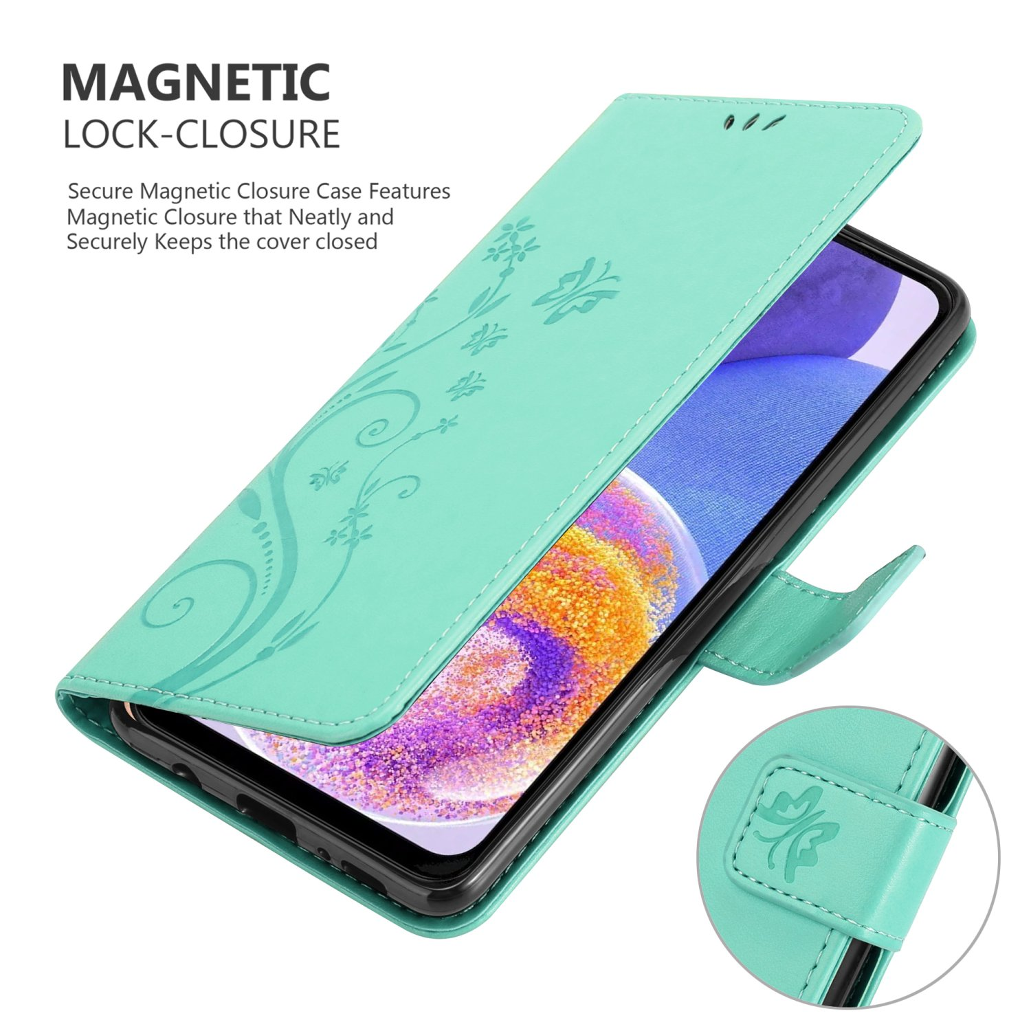 Una custodia per telefono verde acqua con design floreale, aperta per mostrare il telefono.