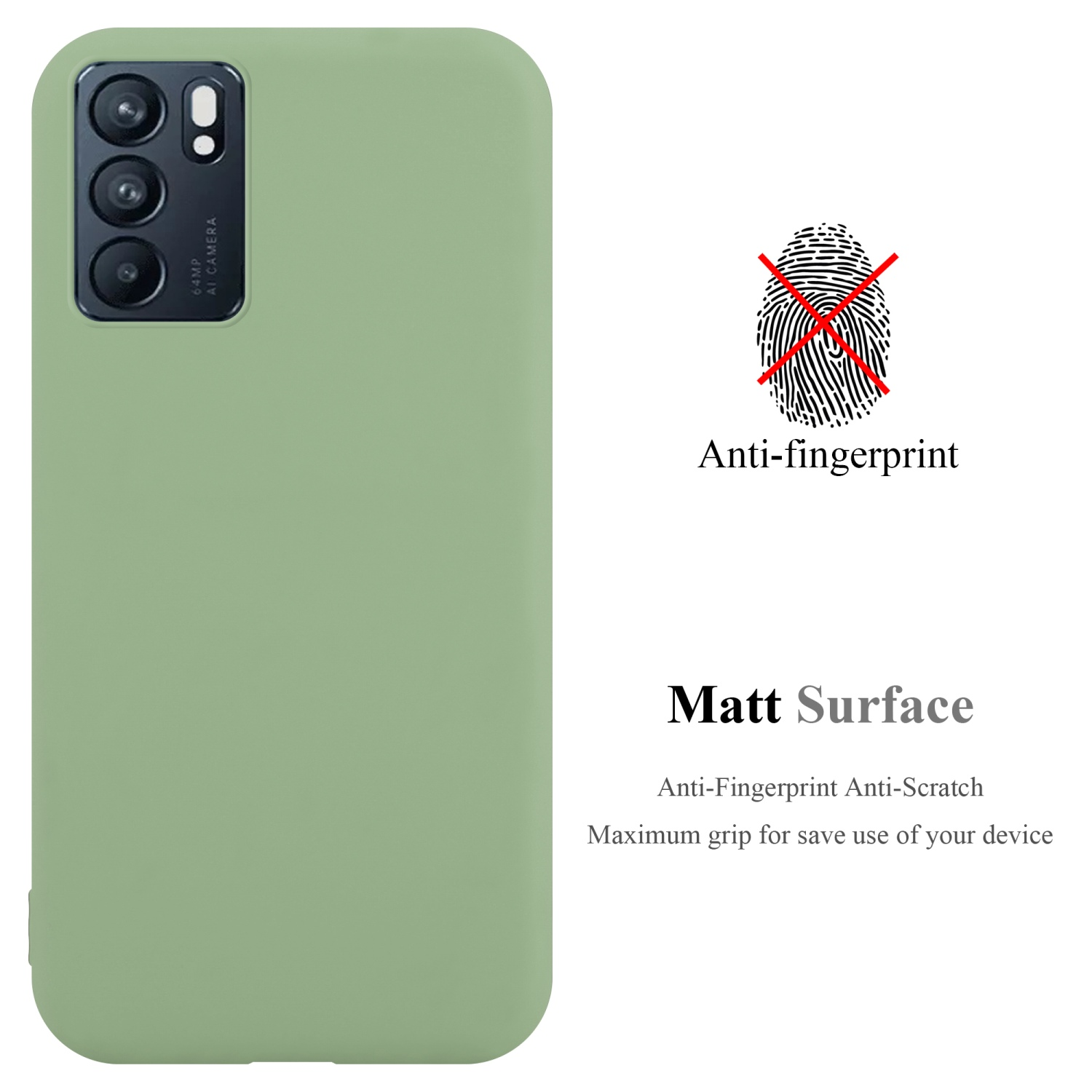 Grüne Handyhülle. Anti-Fingerabdruck. Matte Oberfläche. Anti-Kratzer. Grauer Text rechts.