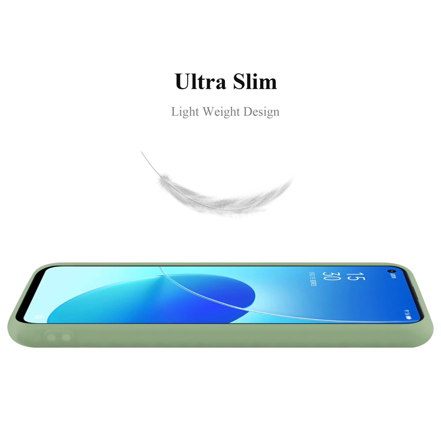 Grüne Handyhülle mit Handy. Feder und Text 'Ultra Slim' sind ebenfalls sichtbar.