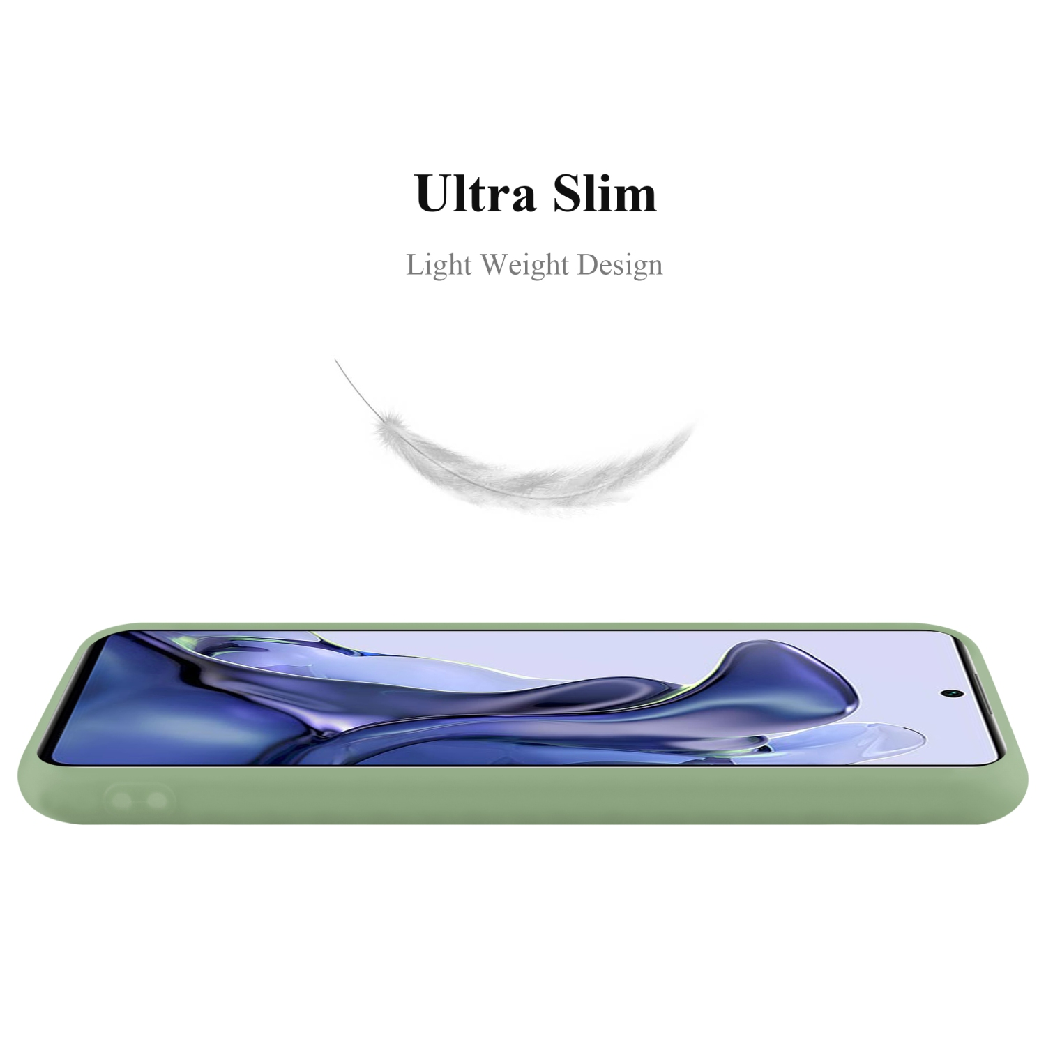 Eine grüne Handyhülle auf weißem Hintergrund. Text: Ultra Slim, Light Weight Design. Eine Feder ist sichtbar.