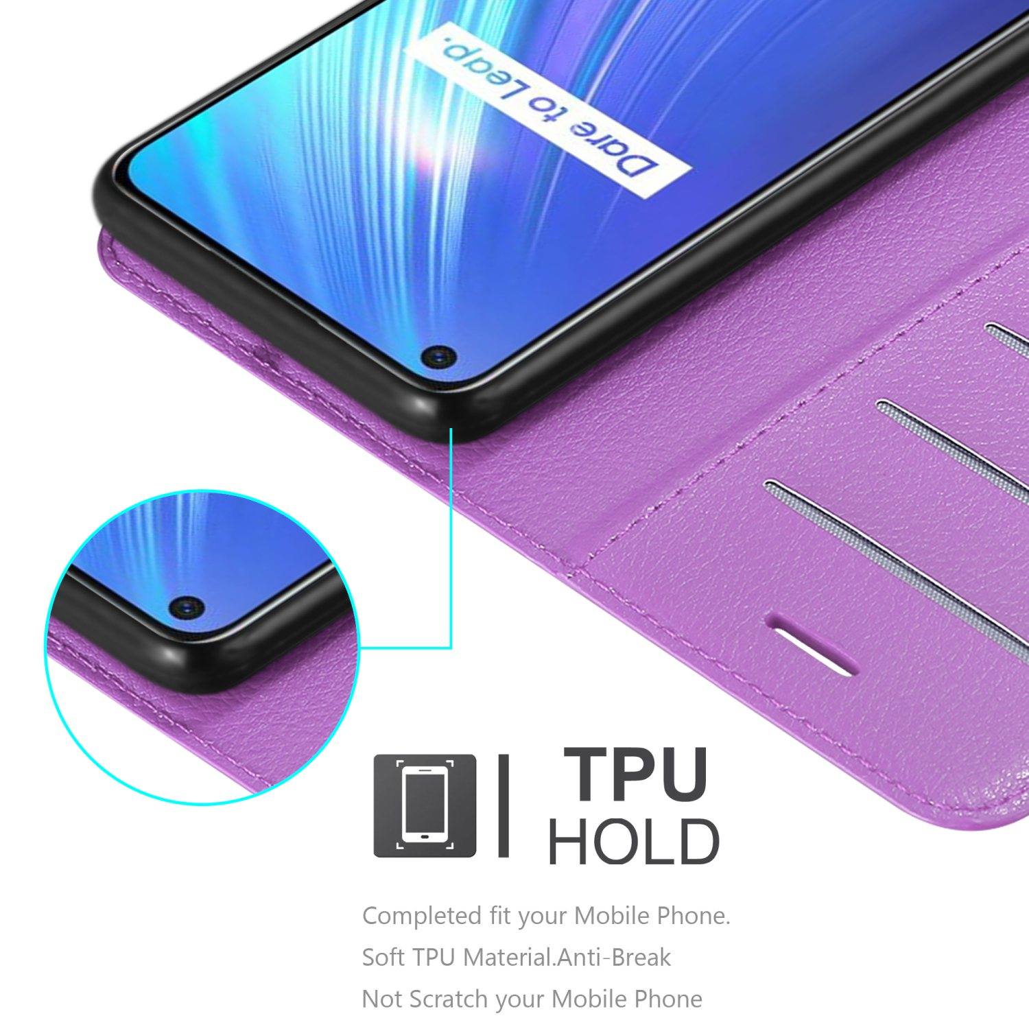 Custodia viola per telefono con un telefono all'interno. Testo: 'TPU Hold'. Con cinturino, aperta.