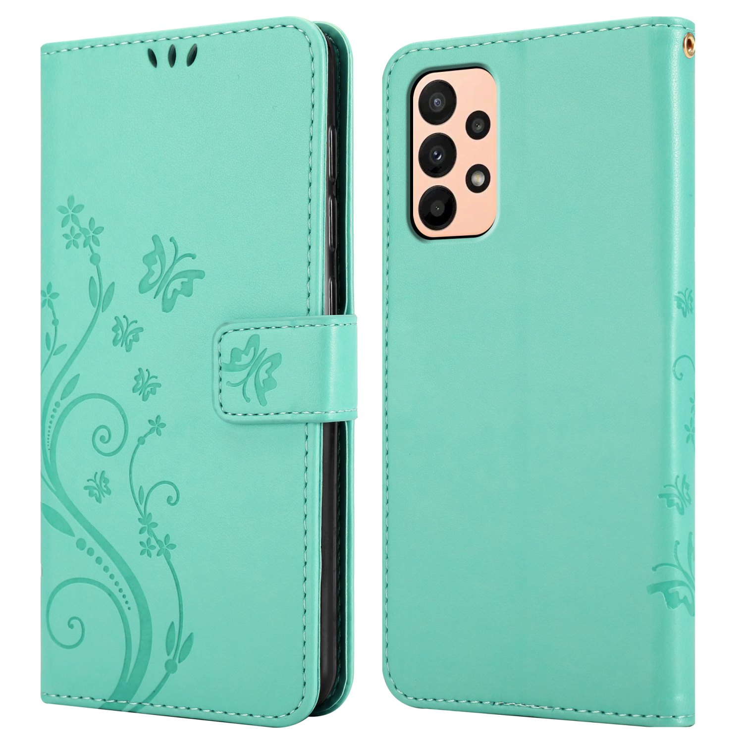 Una custodia per telefono turchese, chiusa e aperta, che mostra un design floreale e una chiusura magnetica.