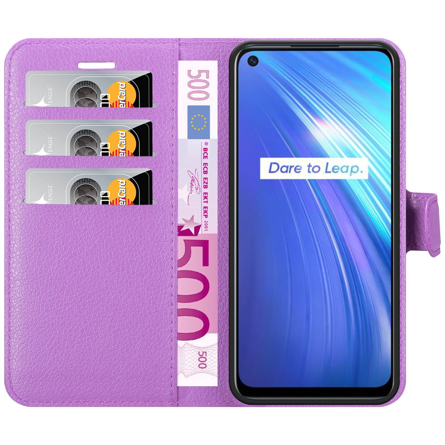 Custodia viola aperta, che rivela telefono e carte di credito. Lo schermo ha del testo. Sfondo bianco.