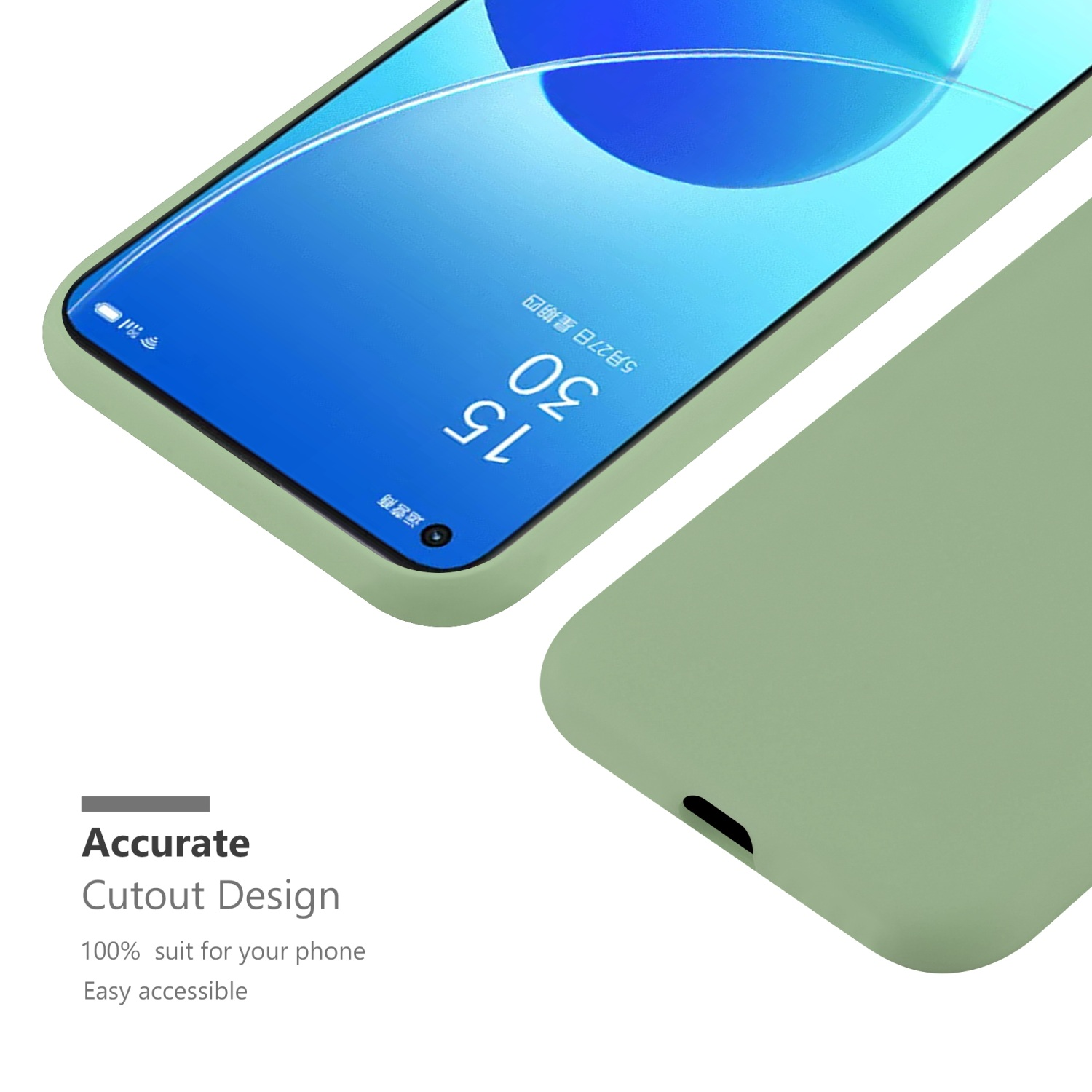Eine grüne Handyhülle mit einem Telefon darin. Der Telefonbildschirm ist eingeschaltet und zeigt die Uhrzeit.