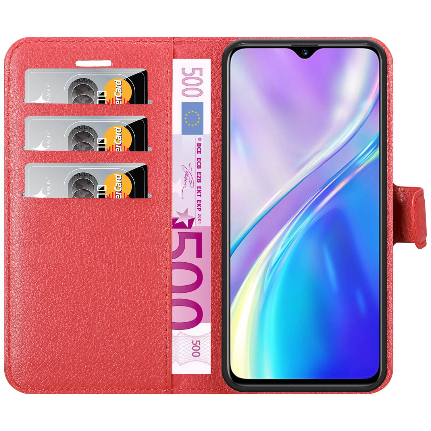Un portafoglio rosso per telefono con carte e denaro. Un telefono è all'interno. Lo sfondo è bianco.