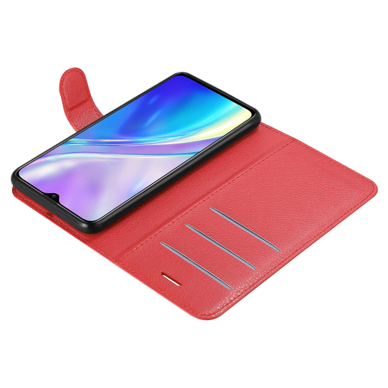 Custodia rossa per telefono aperta, che mostra il telefono. Tre slot per carte. Sfondo bianco.