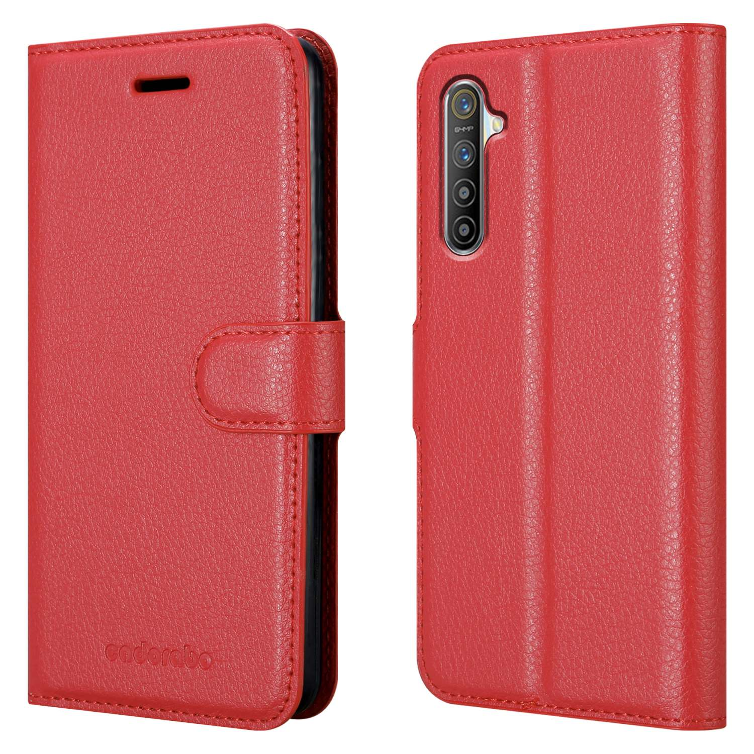 Custodia per telefono rossa in stile portafoglio. Mostra un telefono con fotocamera e tre obiettivi.