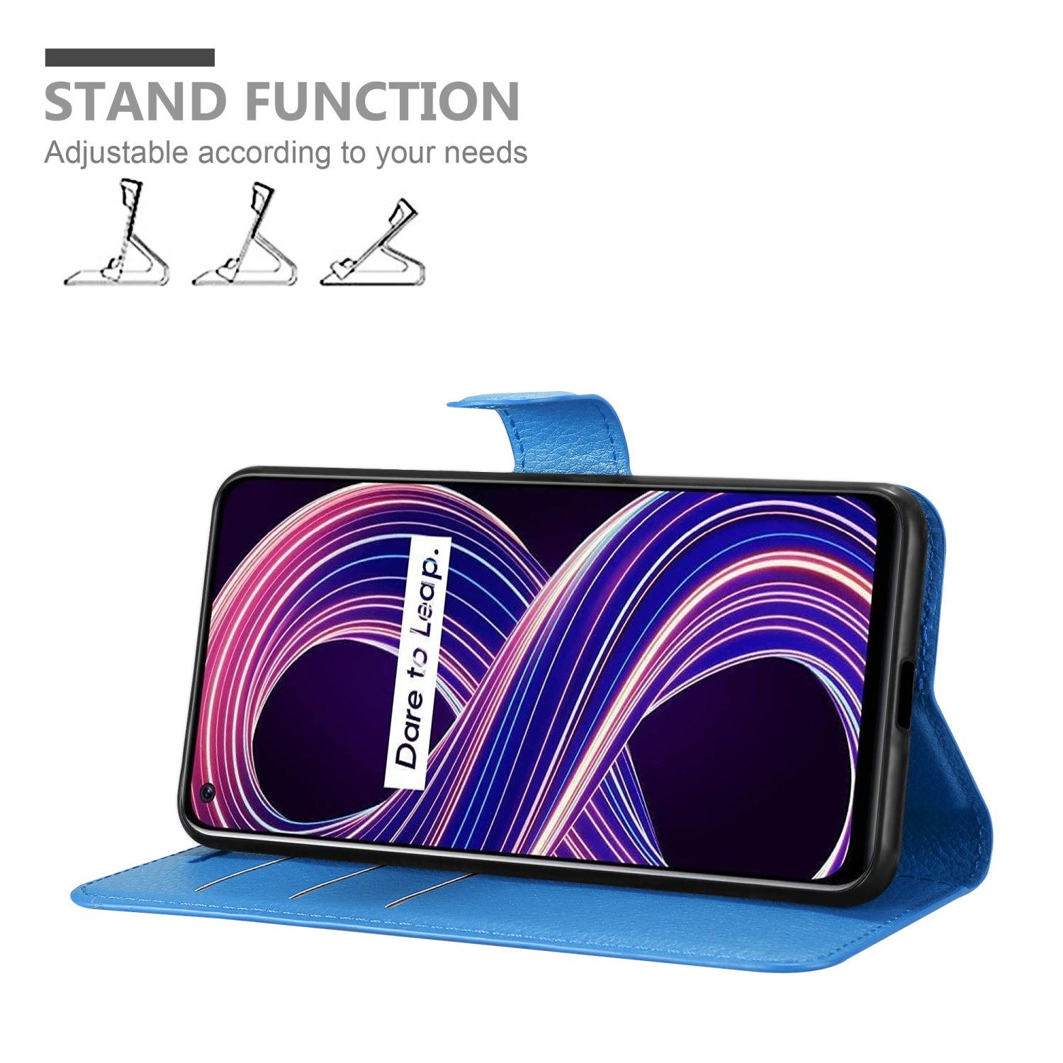 Custodia blu per telefono sollevata, che mostra un telefono con schermo colorato. Il telefono è in modalità stand.