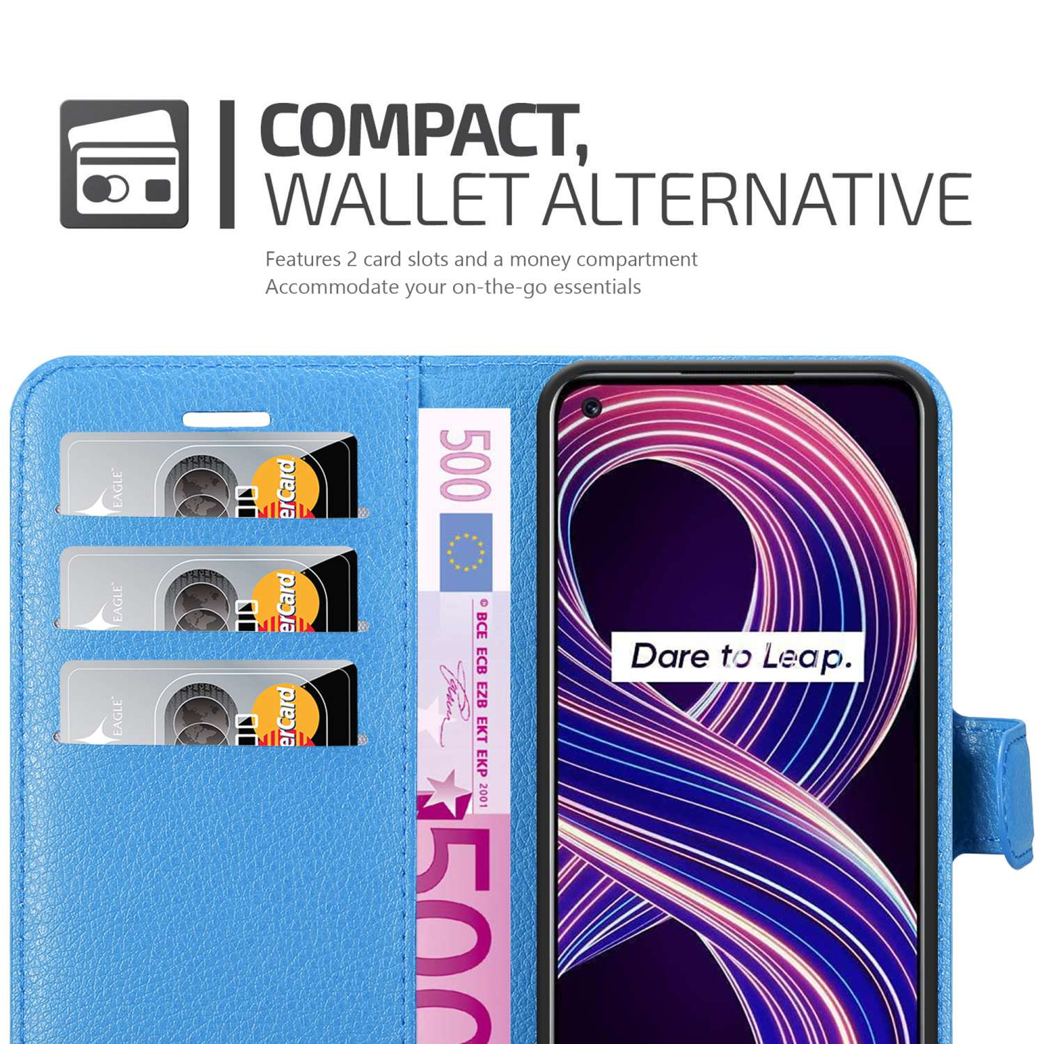 Custodia blu per telefono con scomparti per carte e telefono con grafica colorata, con banconota da 500 euro.