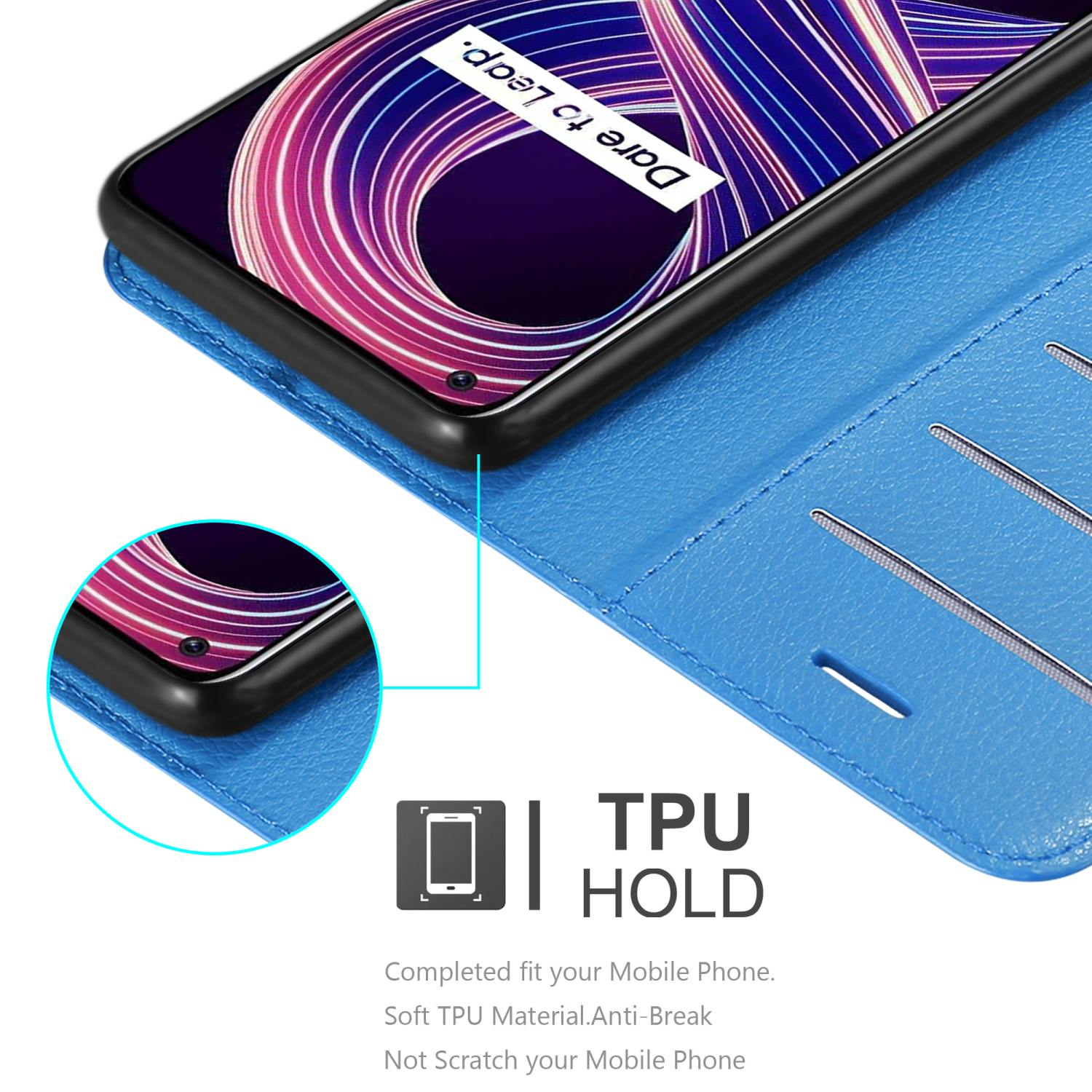 Custodia blu per telefono con telefono. Etichetta TPU HOLD. Materiale TPU morbido, infrangibile.