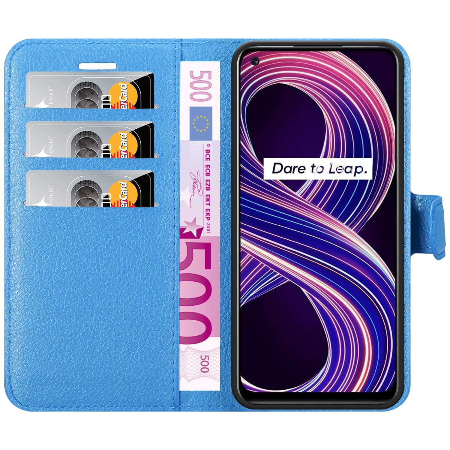 Custodia blu per telefono con telefono all'interno. Il telefono ha uno schermo curvo e un display con motivo unico.