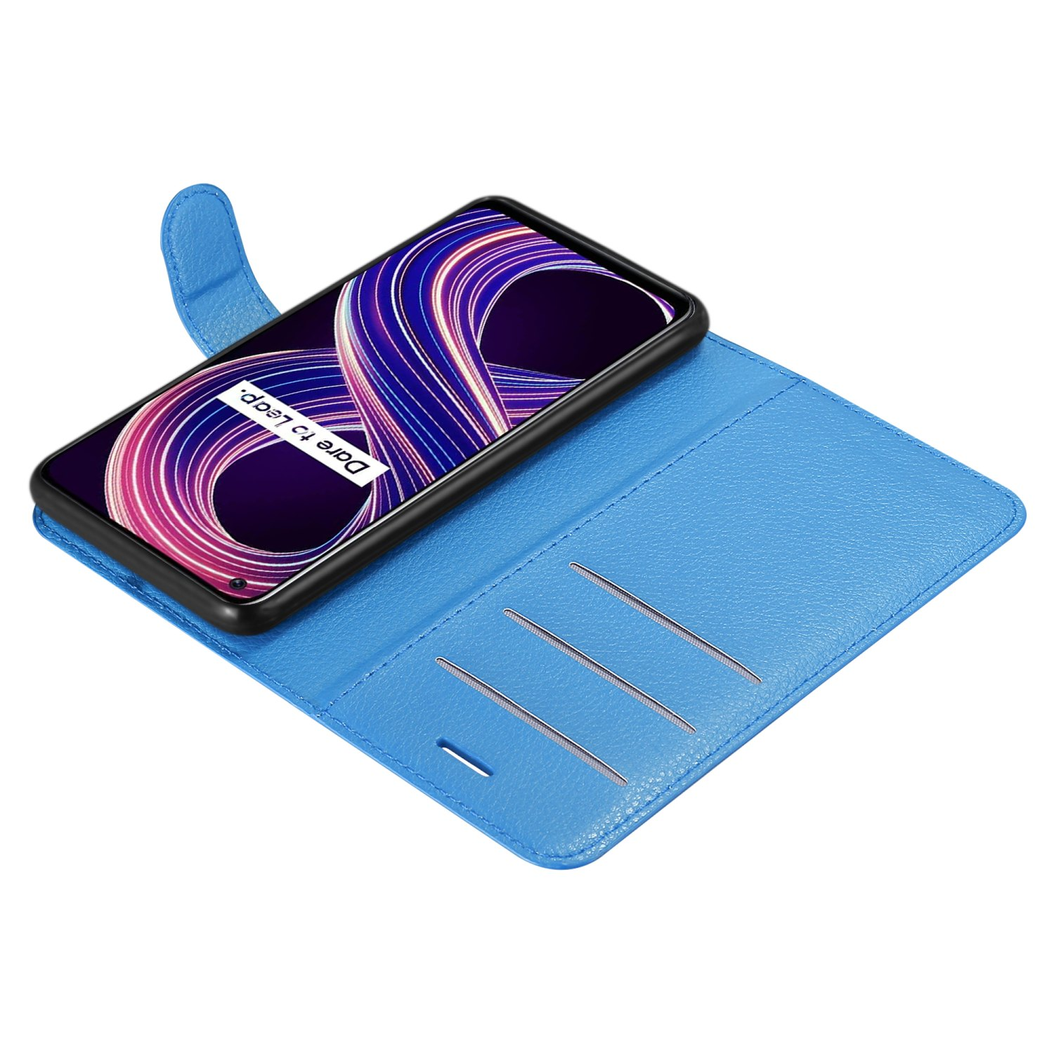 Custodia blu aperta con telefono all'interno. Testo: Dare to leap. Telefono a destra. Aperta con fessure per carte.