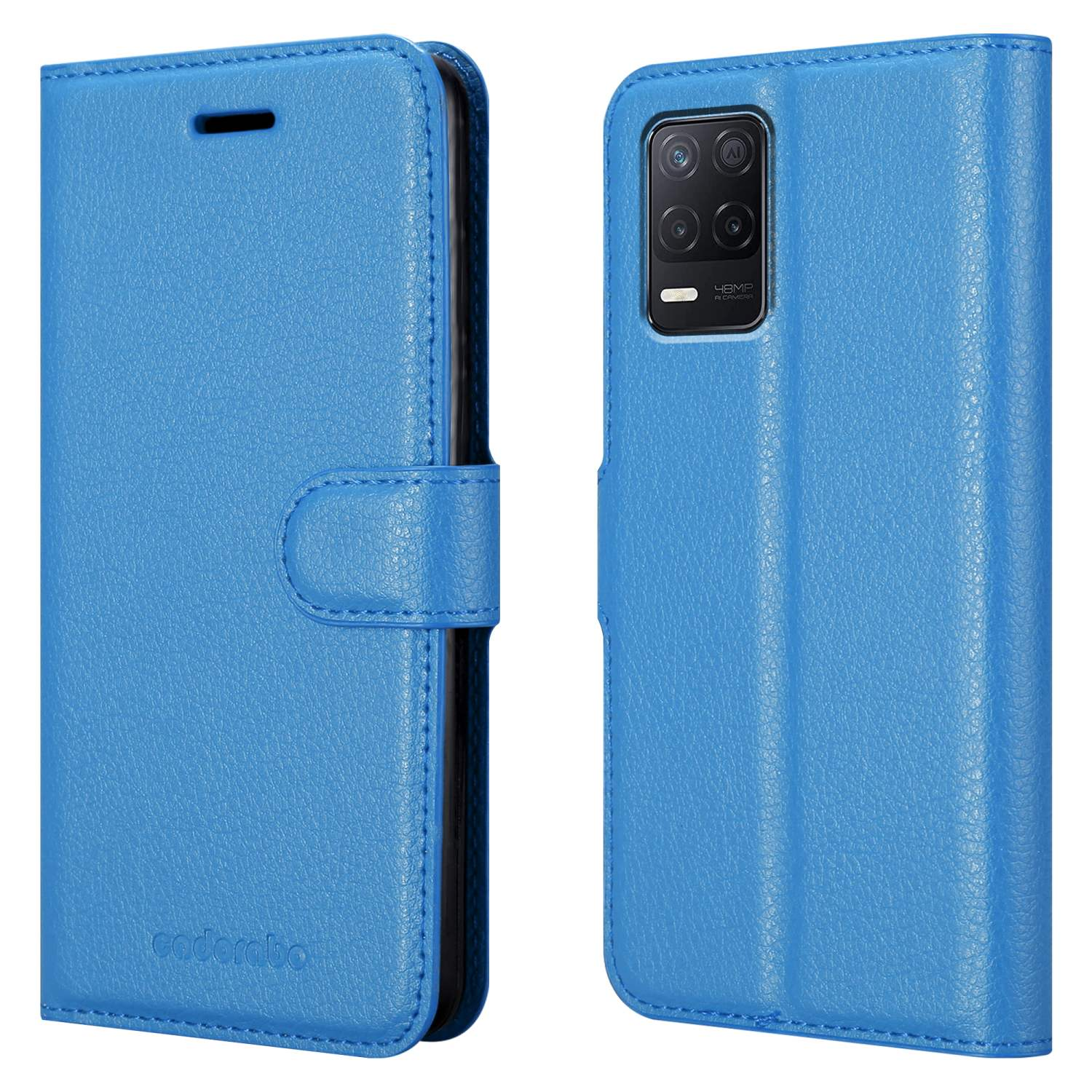 Custodia blu per telefono, aperta e chiusa, che mostra l'interno con il telefono. La custodia è blu.