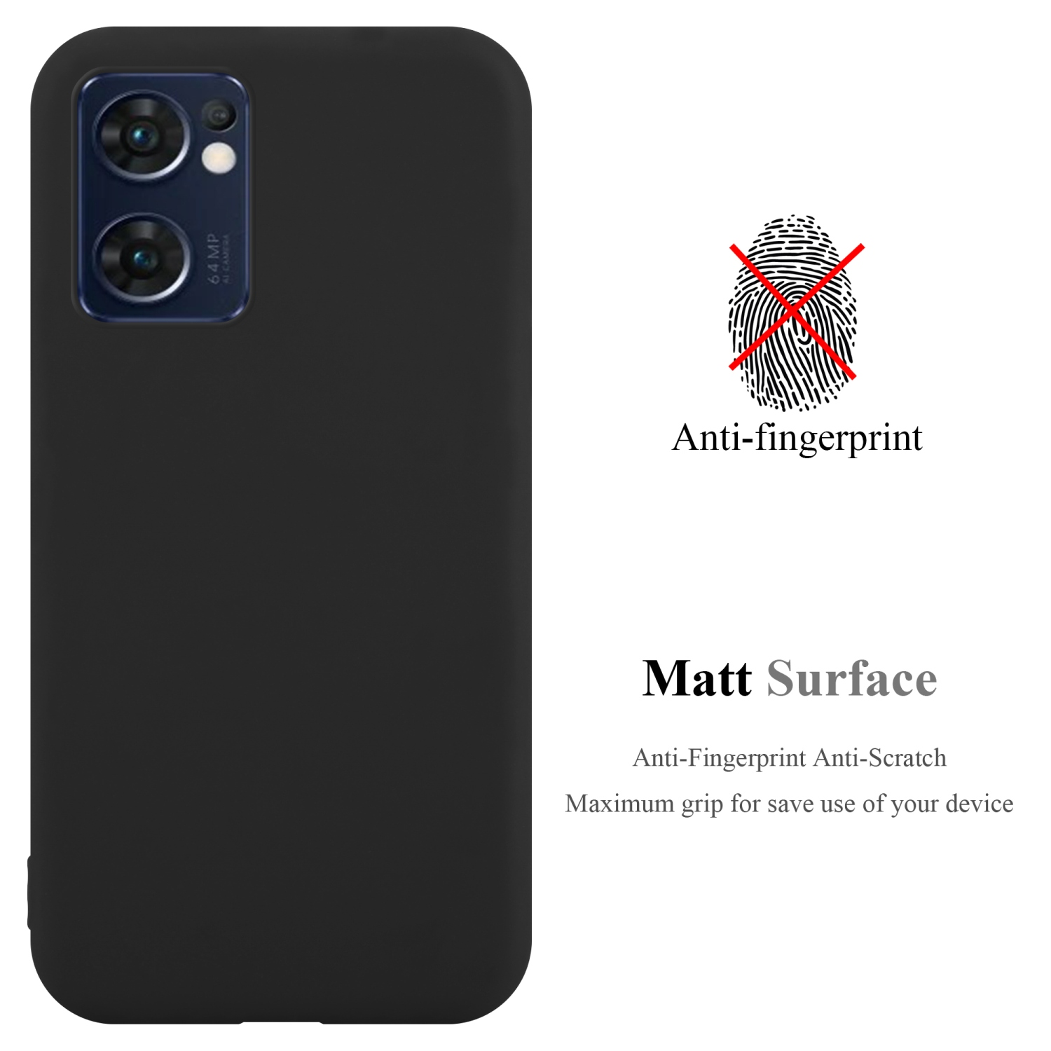 Custodia nera per telefono, con impronta digitale cancellata, antigraffio e superficie opaca.