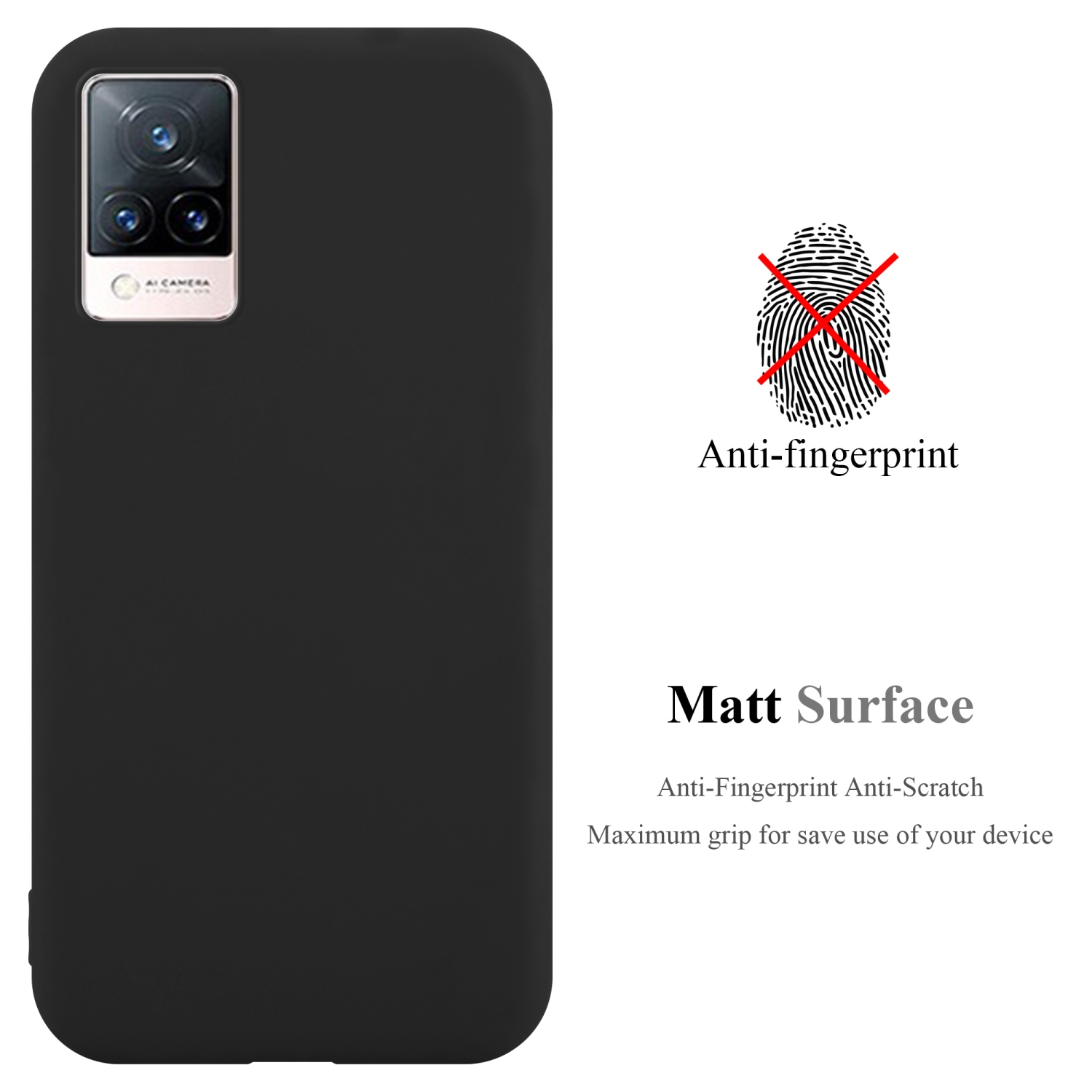 Custodia per telefono nera con superficie opaca. Mostra la fotocamera e le caratteristiche anti-impronta e antigraffio.