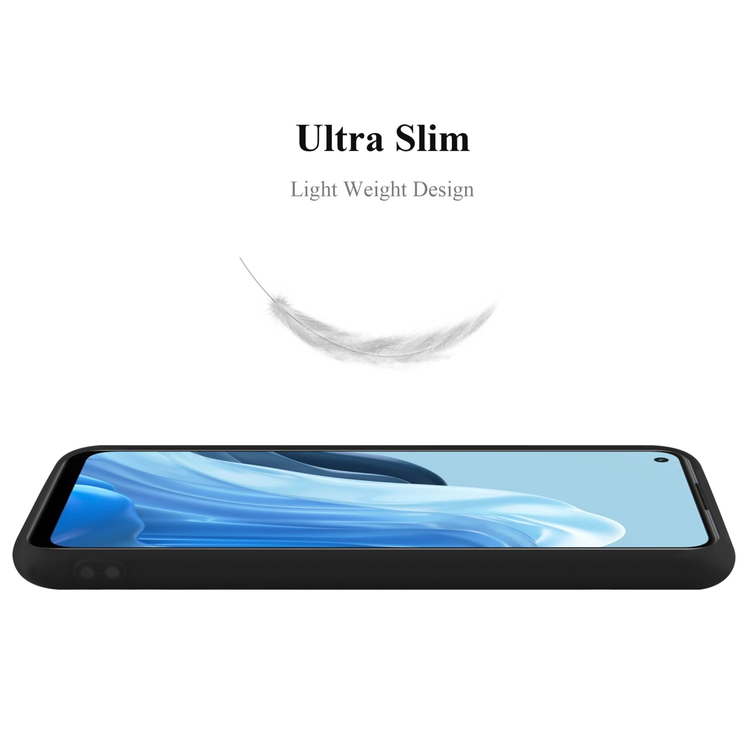 Custodia nera per telefono su sfondo bianco, che mostra lo schermo del telefono e il testo "Ultra Slim, Light Weight Design".